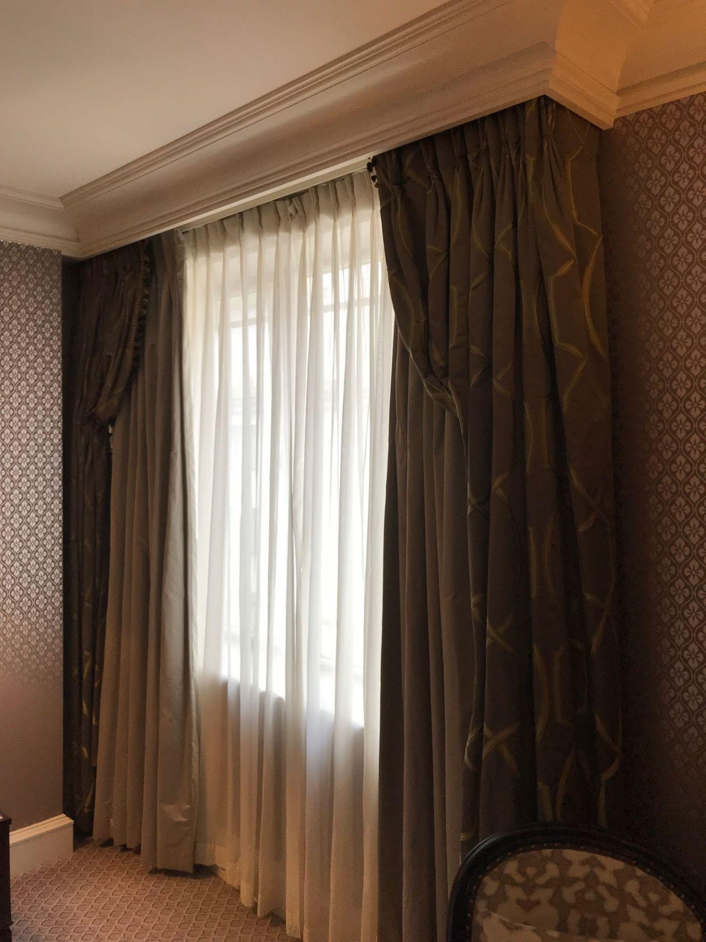 A Pair Of Silk Drapes And Jabots Green And Pattern With Tassel Detail 255 x 255cm Room 627