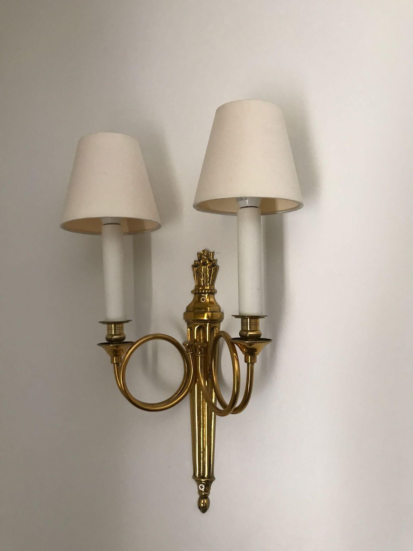 A Pair Of Dore Bronze Dore Twin Arm Wall Sconces, The Scrolling Arms With Trumpet Bobeche Drip