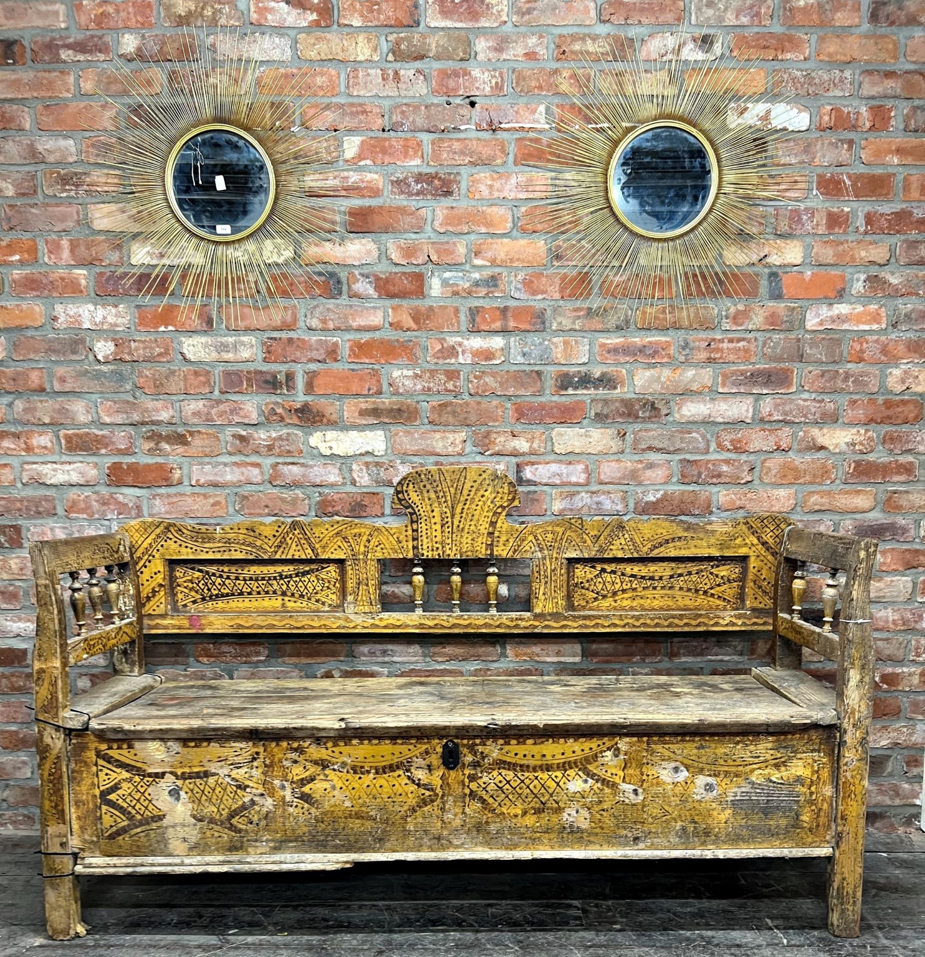 A Swedish Gustavian Painted Bench, Tornedalen.Painted All Over With Black Geometric Line Patterns On