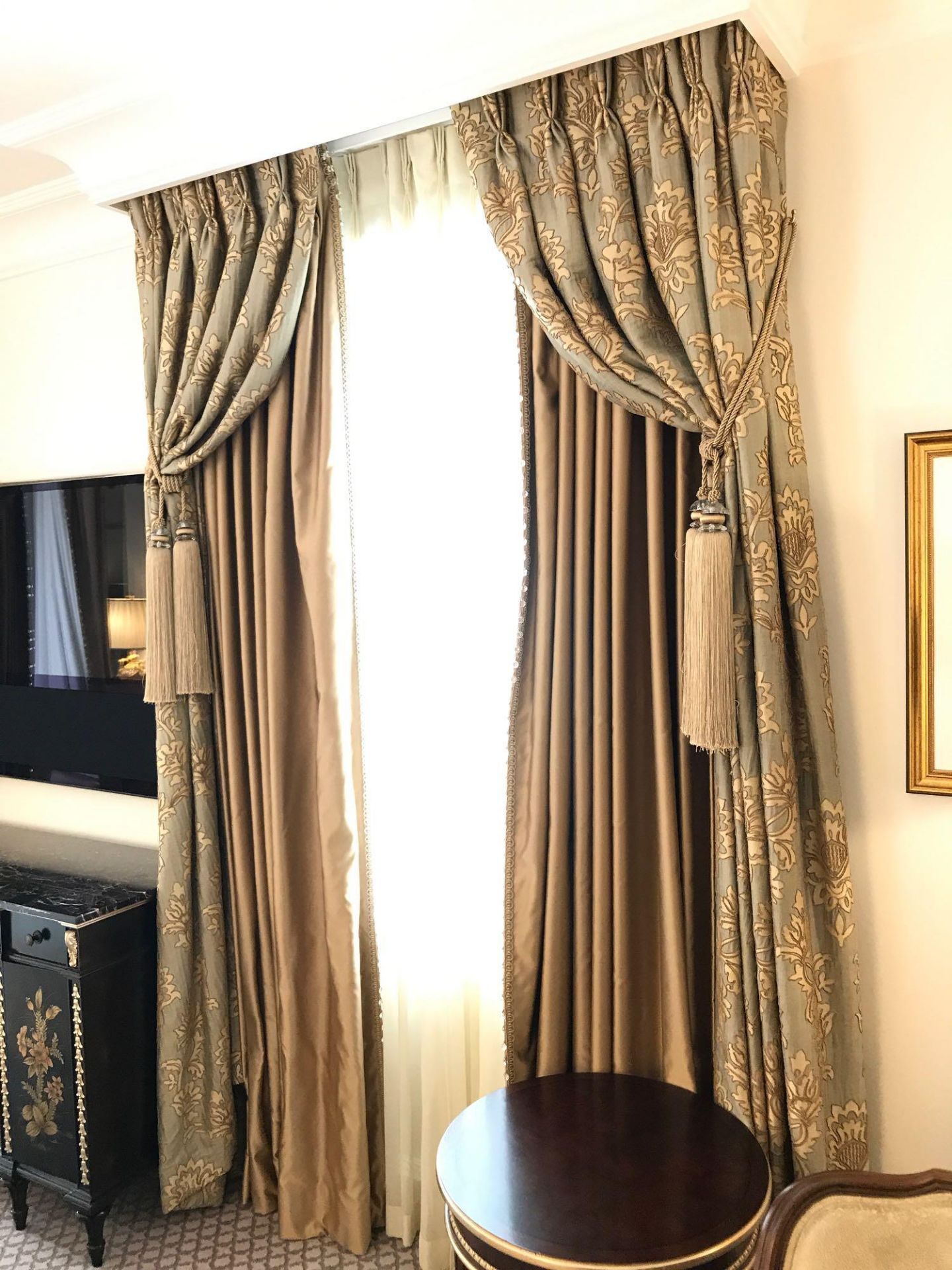 2 x Pair Of Silk Drapes And Jabots Gold With Crystal Edging And Embroidered In Gold And Silver