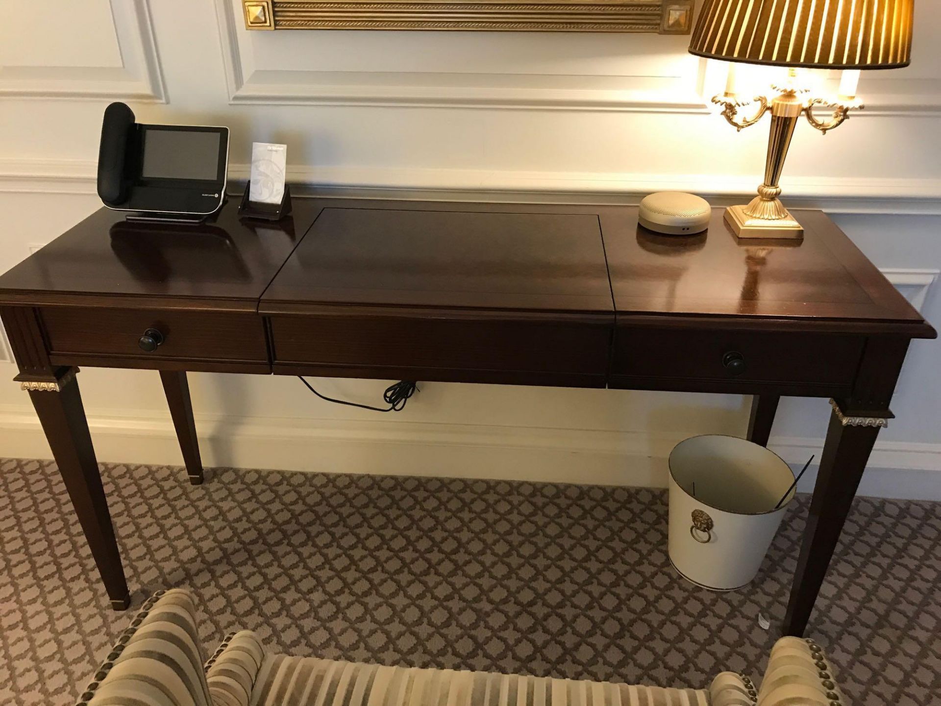 A Burr Mahogany Writing Desk / Dressing Table Fitted With Two Small Side Drawers The Central Panel