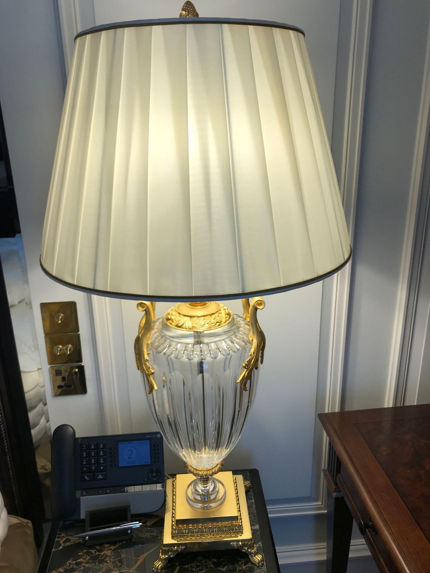 A Pair Of Laudarte Crystal Table Lamps Inserts And Decorations In 24ct Gold With Shade 95cm Tall