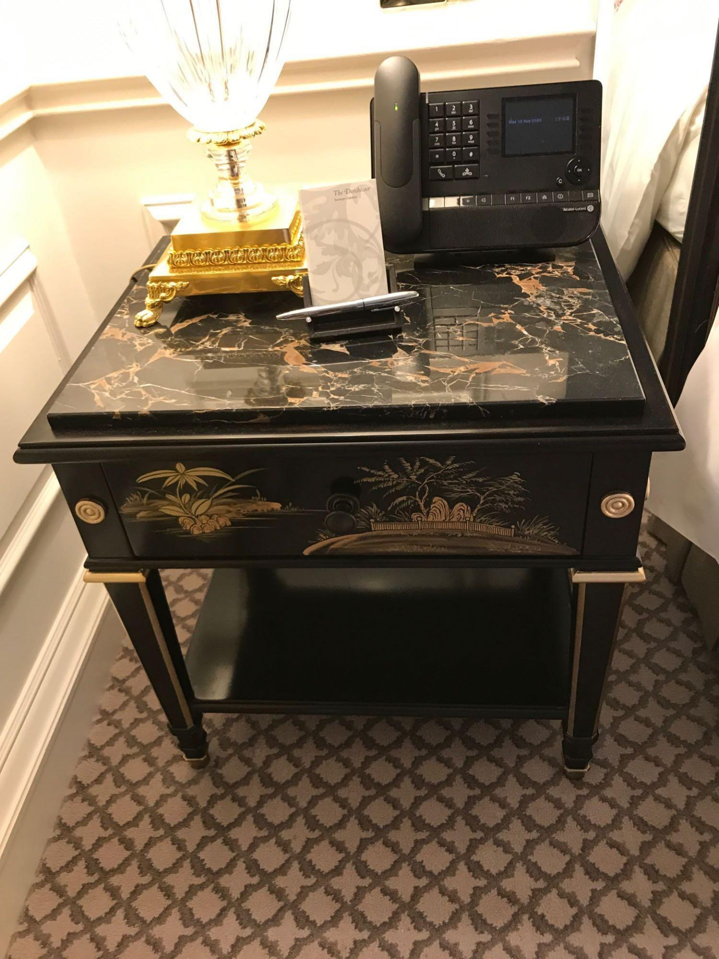 A Pair Of Restall Brown & Clennell Marble Top Chinoiserie Black Lacquer Nightstands With Single - Image 2 of 2