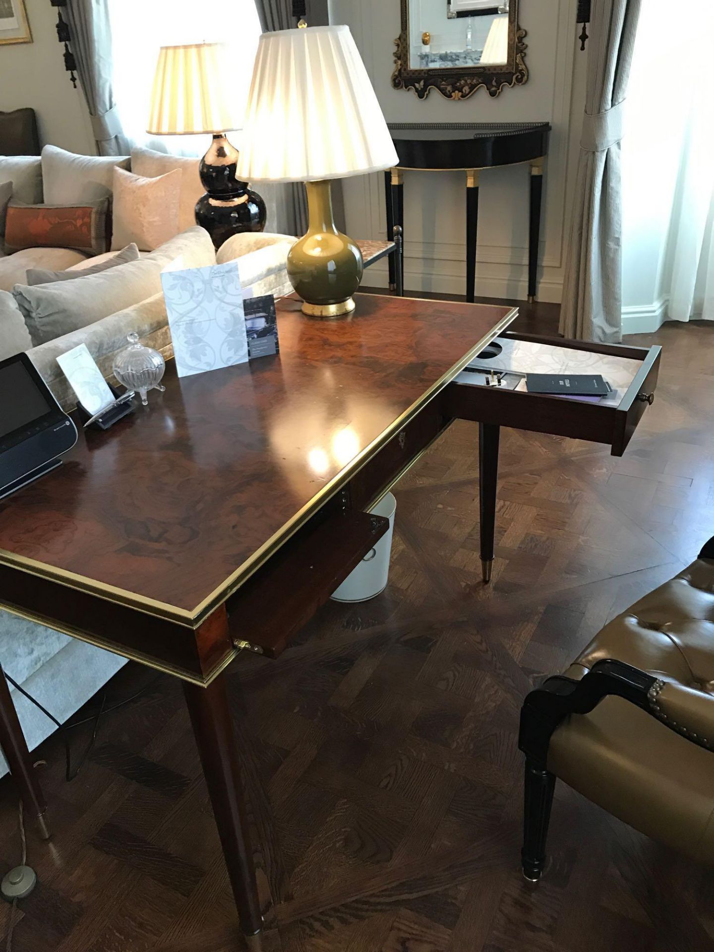 Burr Mahogany And ;Brass Writing Table Mounted On Turned Legs Fitted With Outlets, And USB Ports - Image 2 of 2