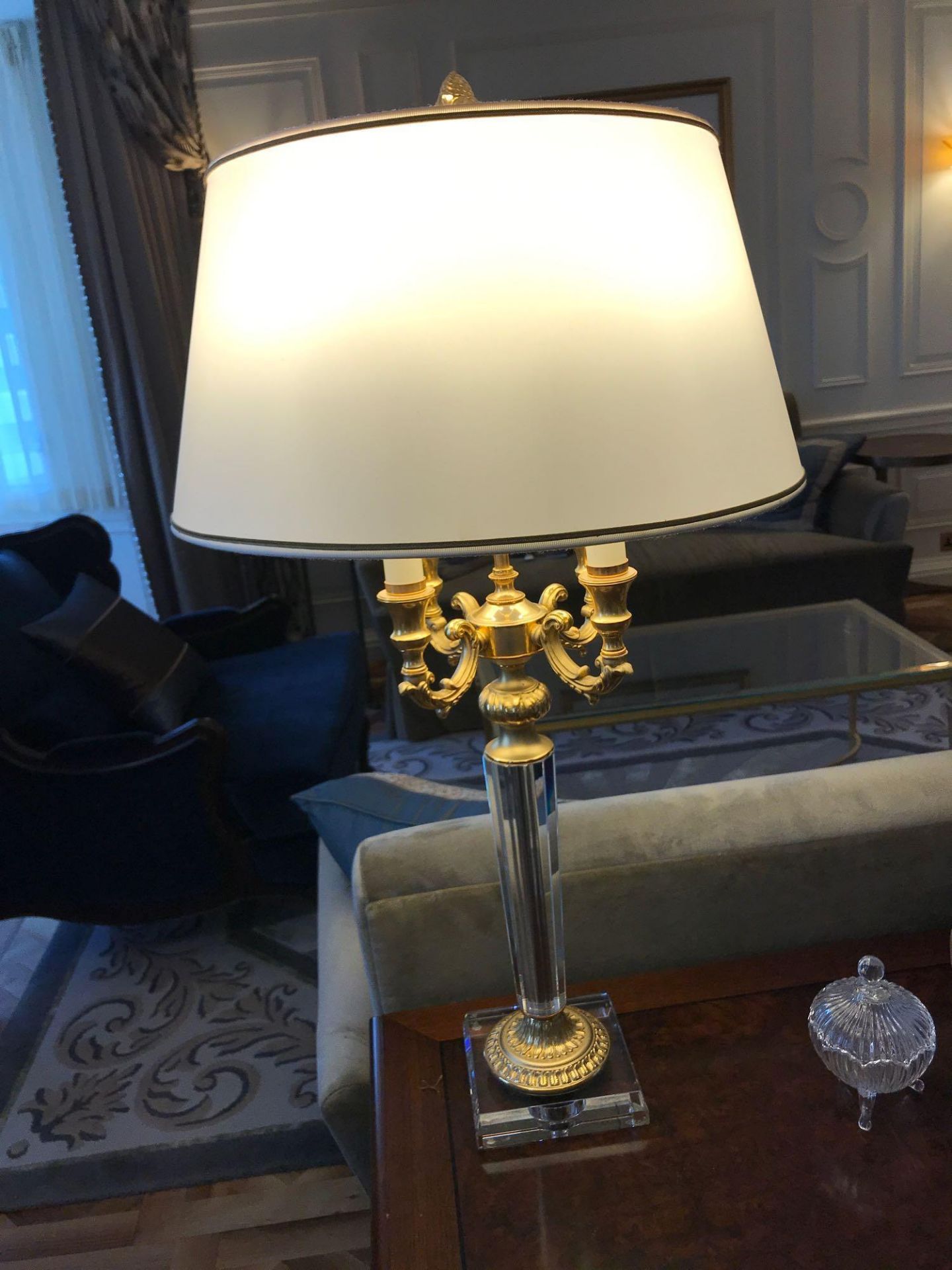 Laudarte Crystal Table Lamp Four Arm Bronze Lost-Wax Casting Antique Gilt Bronze Base And Column And