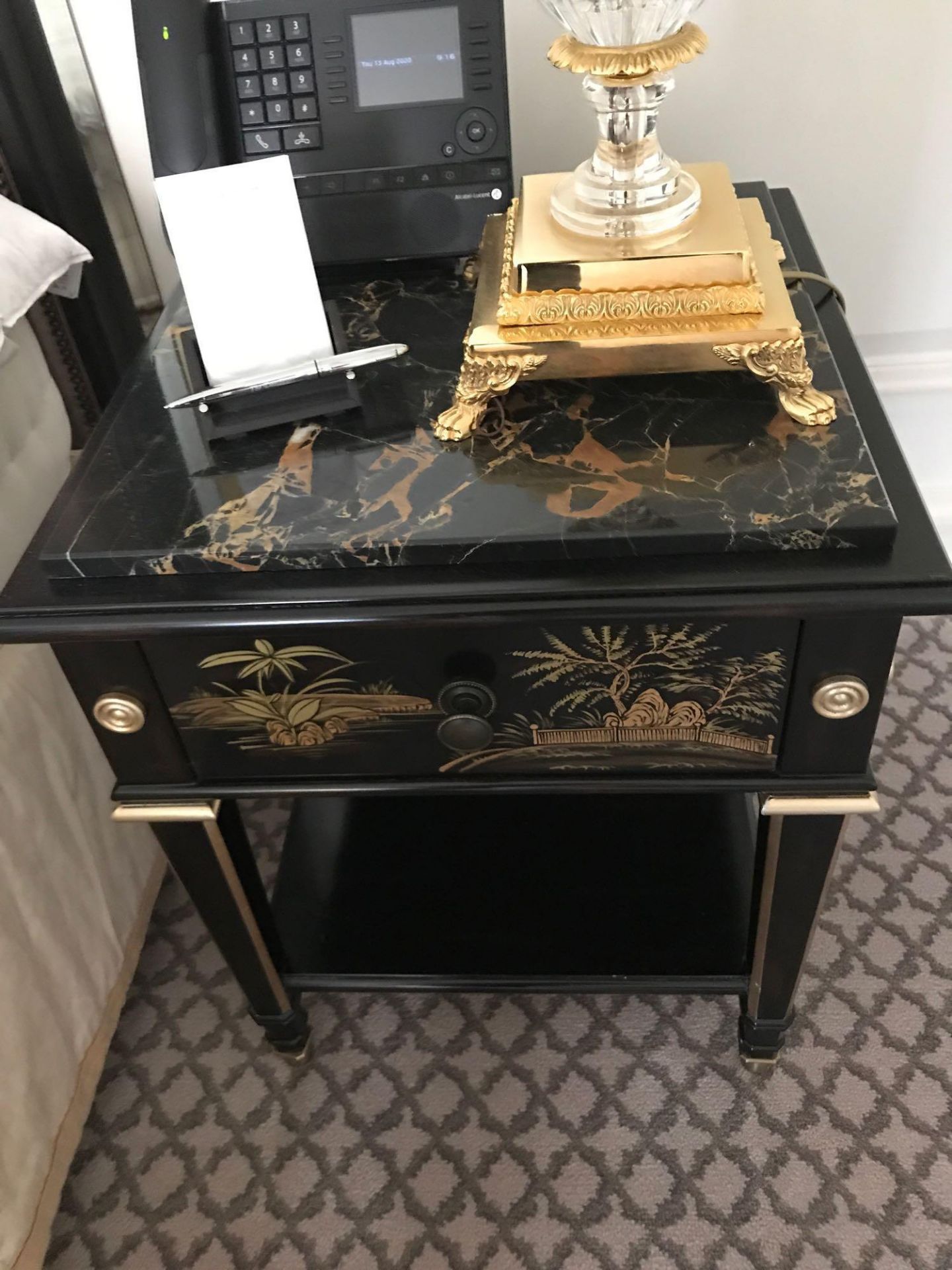 A Pair Of Marble Top Restall Brown & Clennell Chinoiserie Black Lacquer Nightstands With Single - Image 2 of 2