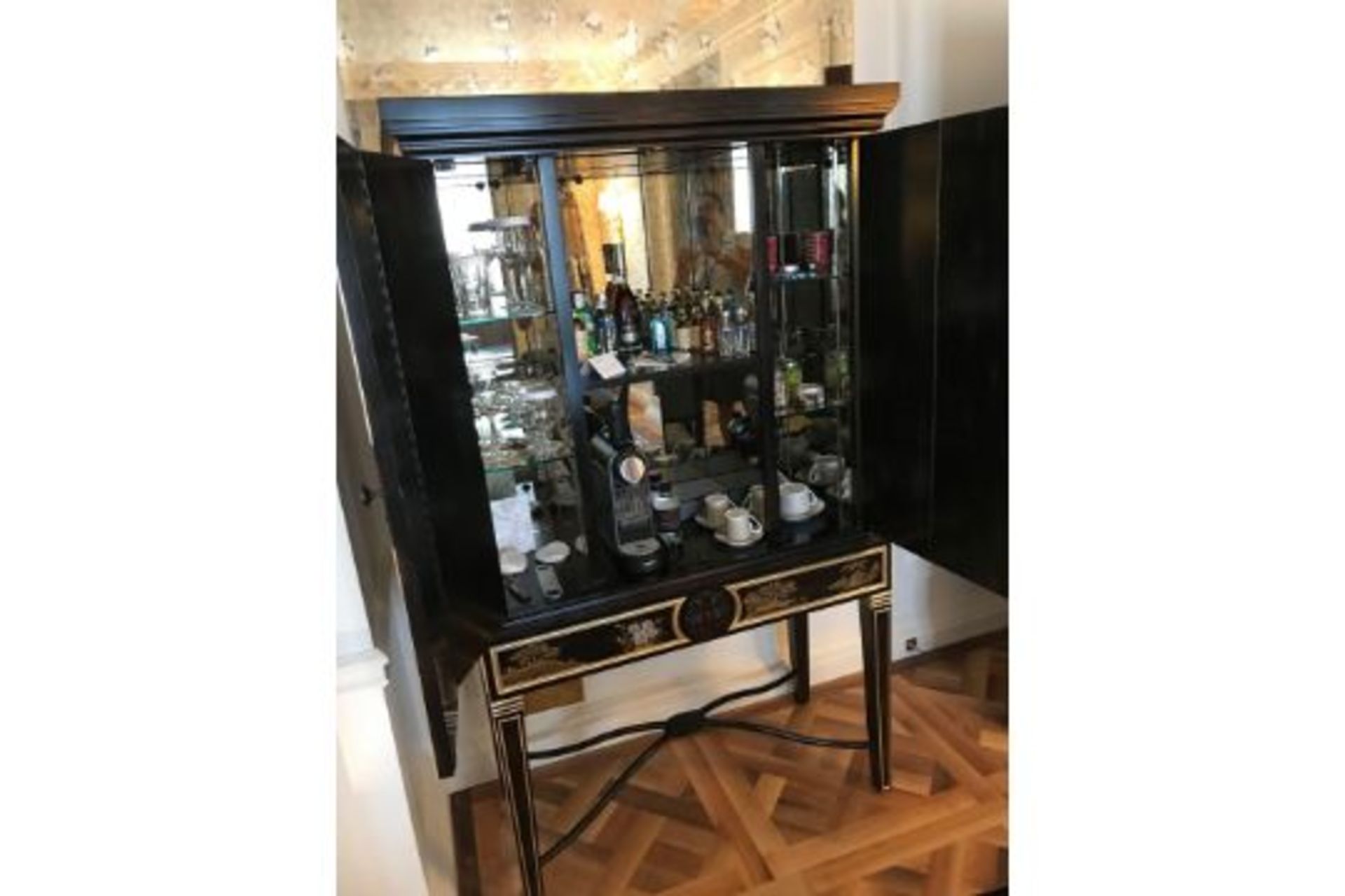 Restall Brown & Clennell English Georgian Style Black Lacquered Chinoiserie Gilded Cocktail - Image 2 of 2