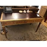 Writing Table With Burgundy Leather Inlay Top Gold Embellished Trim With Single Drawer Fitted With