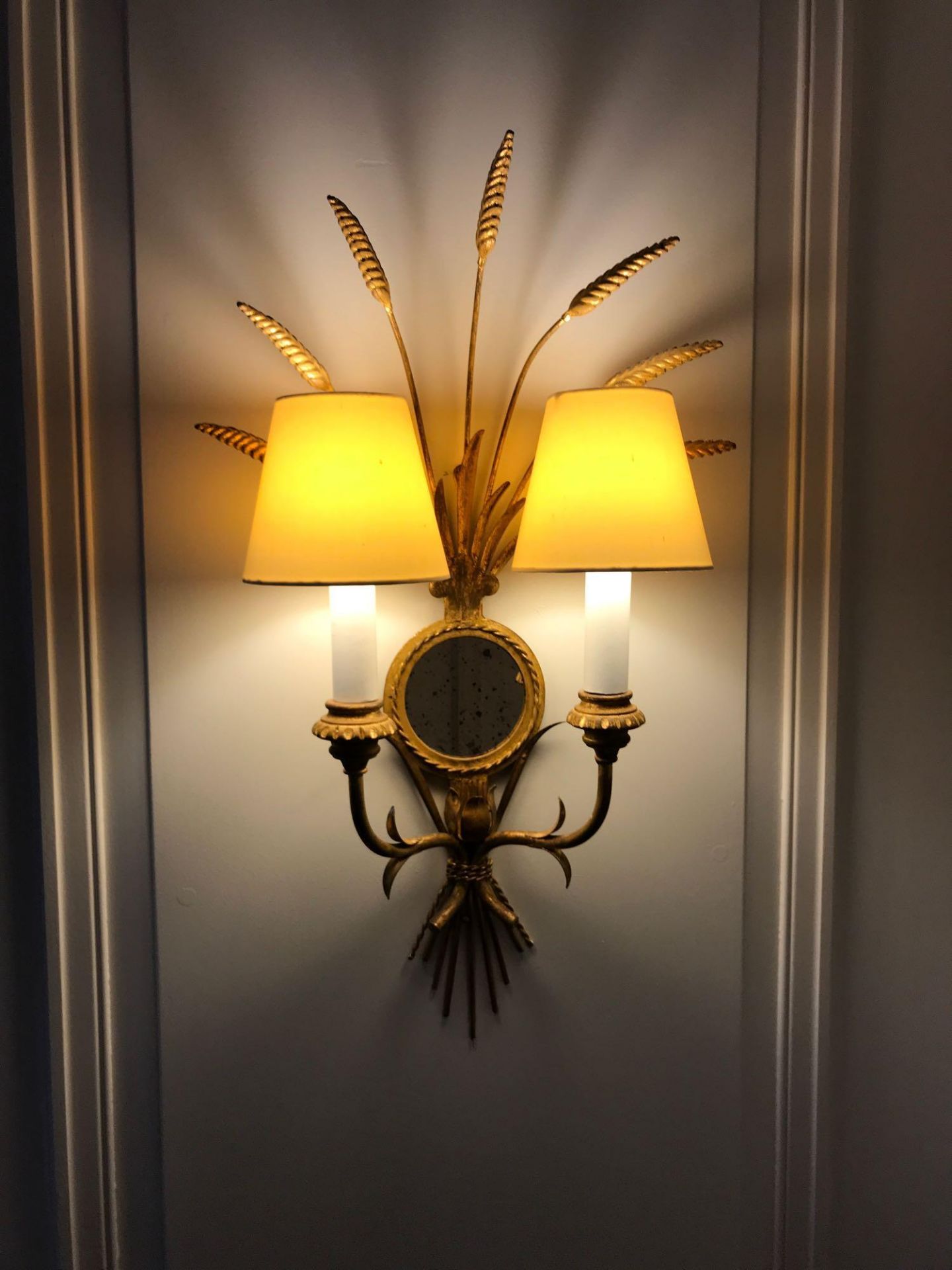 4 x Wall Appliques Twin Arm In A Elegant Wheatsheaf Motif And A Small Decorative Mirror Supported By