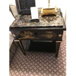 A Pair Of Restall Brown & Clennell Marble Top Chinoiserie Black Lacquer Nightstands With Single