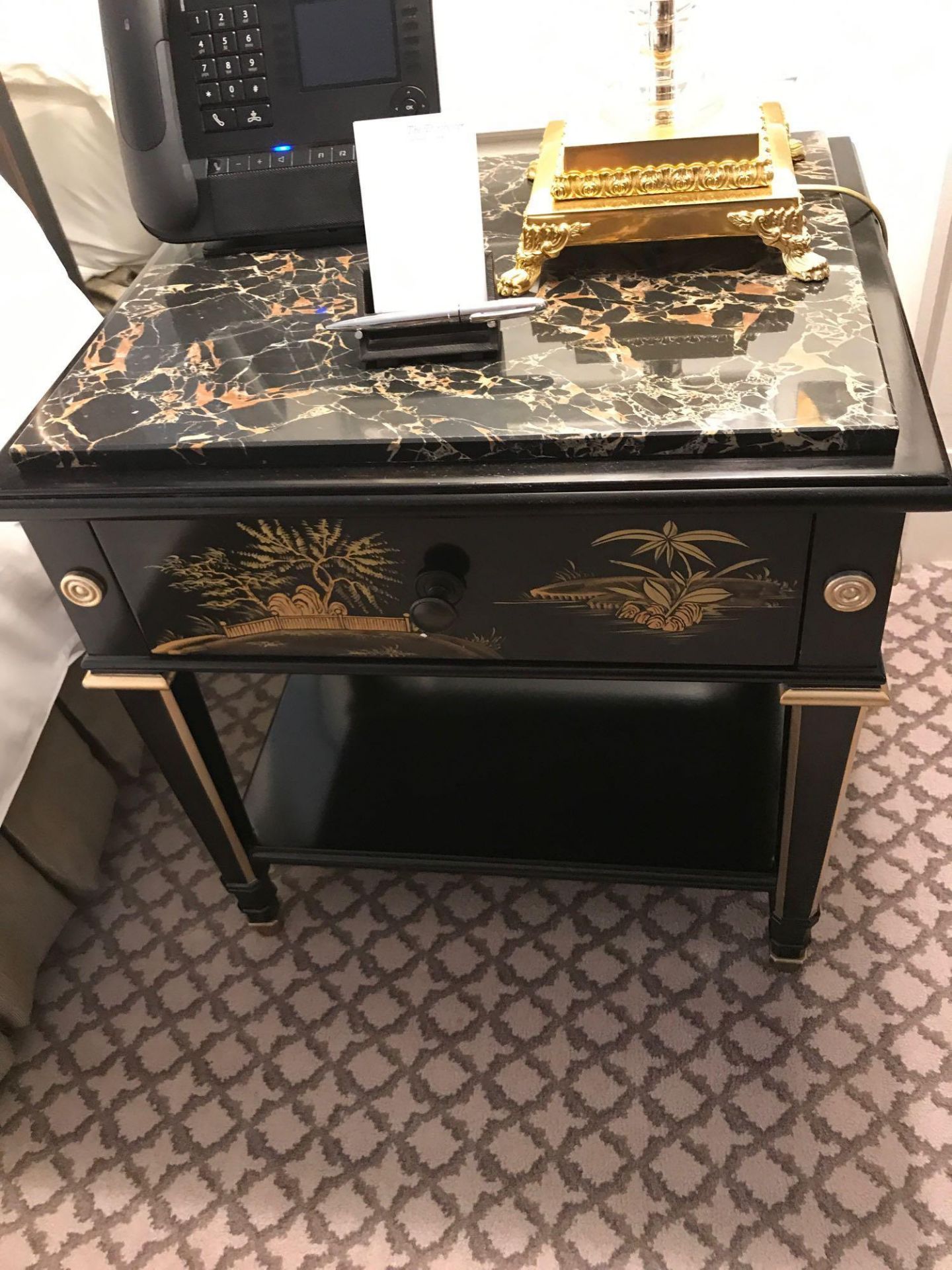 A Pair Of Restall Brown & Clennell Marble Top Chinoiserie Black Lacquer Nightstands With Single