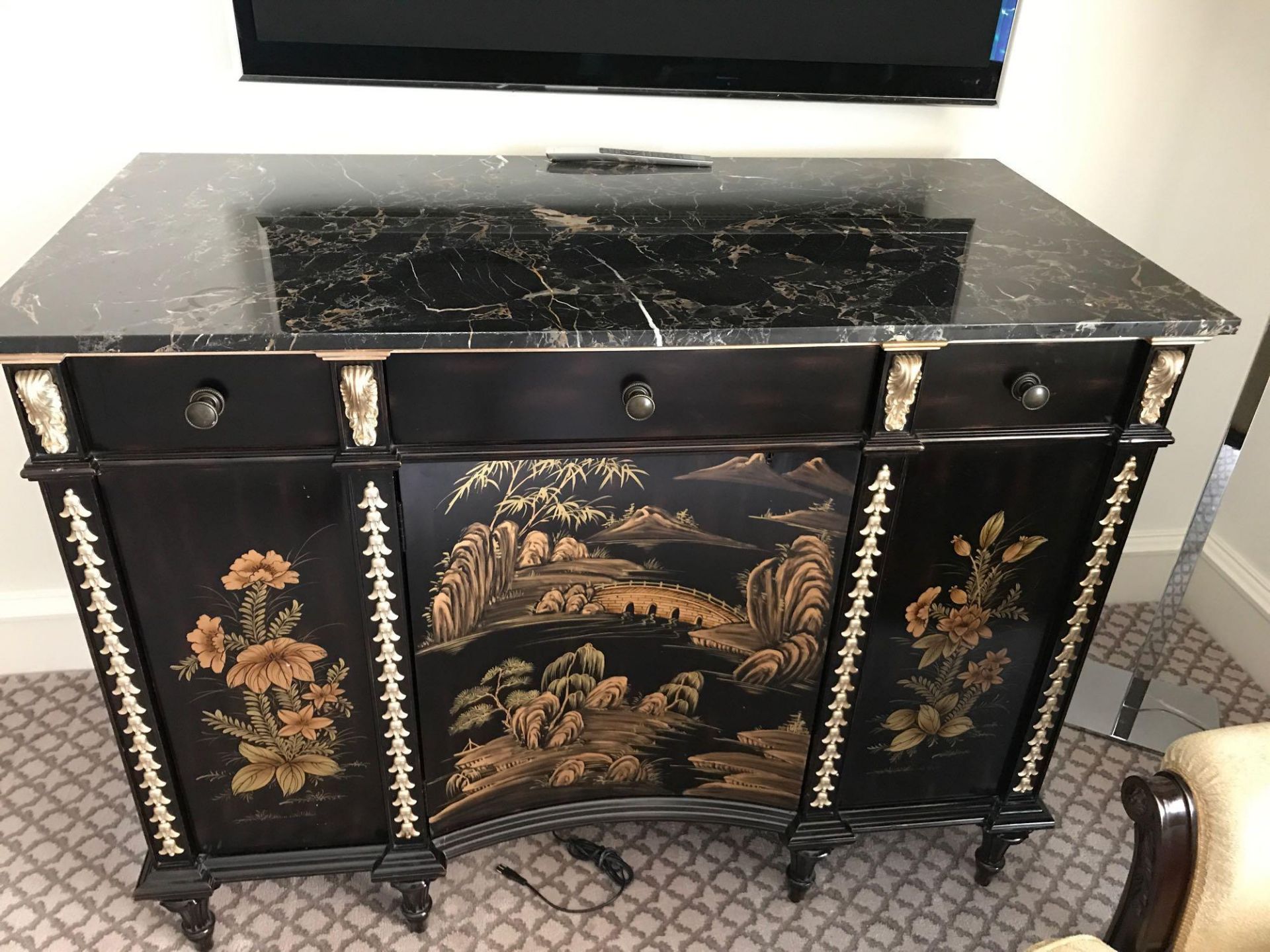 Black Lacquer Hand Decorated Chinoiserie Serpentine Commode By Restall Brown And Clennell The Unit