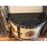 Adam Style Demilune Commode Cabinet With Classical Painted Scenes And Gilded Decoration With