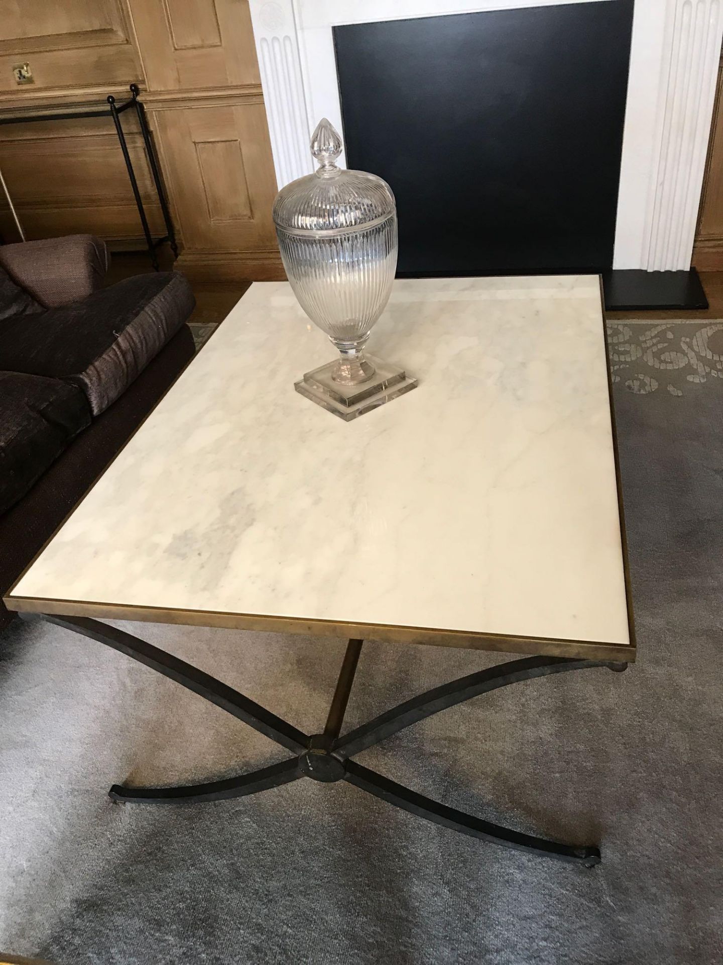 Bevelled White Marble Coffee Table With Bronzed Frame Criss-Cross Style Legs And Pole Stretcher
