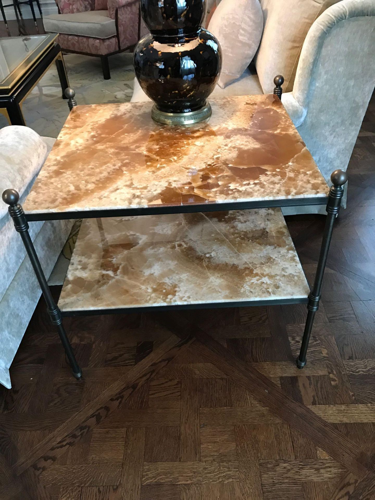 A Marble And Bronze Two Tier Side Table On Cast Frame  70 x 65 x 62cm Room 606/7