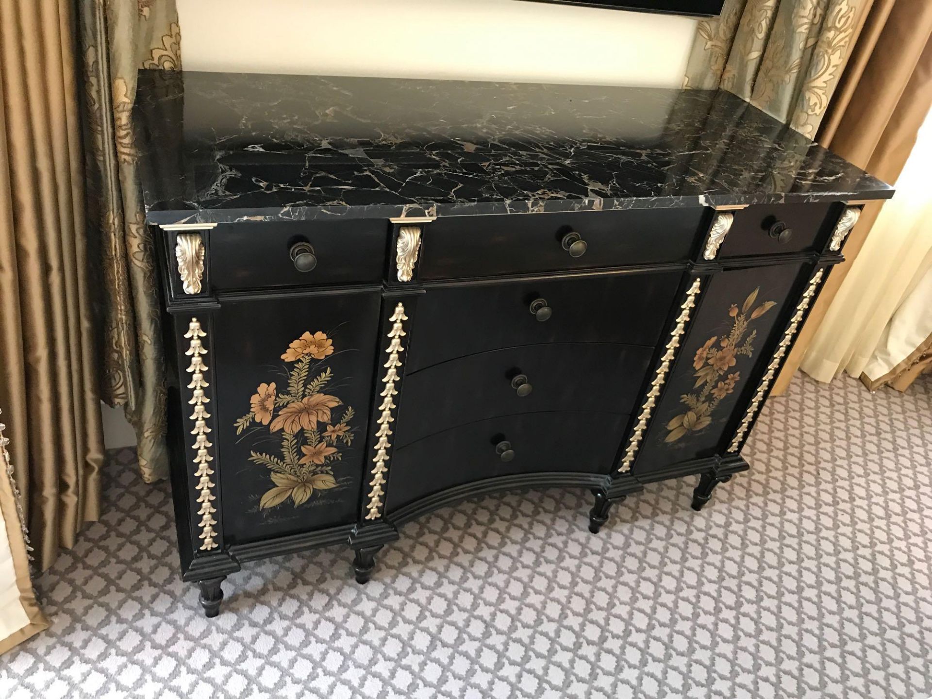 Black Lacquer Hand Decorated Chinoiserie Two Door Sideboard By Restall Brown And Clennell 120 x 45 x