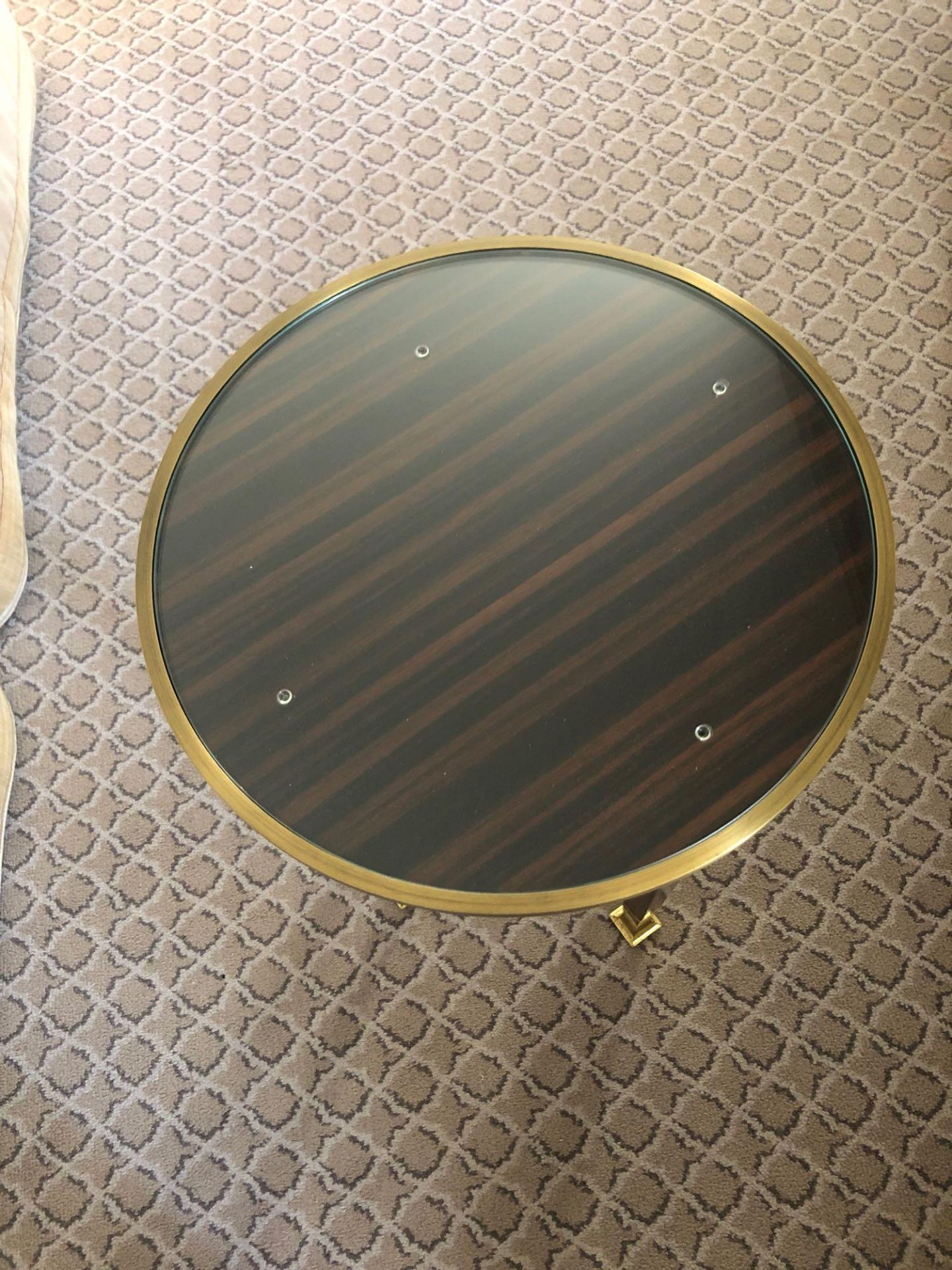 Circular Side Table With Antiqued Plate Top And Brass Trim Mounted On Tapering Legs With Brass - Image 3 of 3