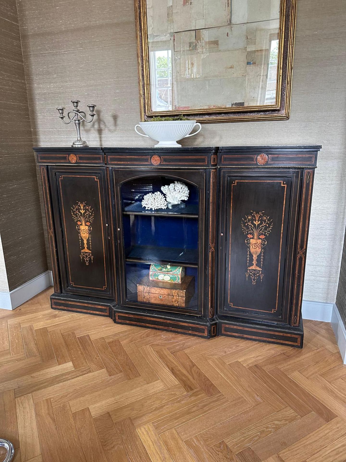 English C.19th Century credenza sideboard with ebonised finish and inlay, 152 cm wide, 46 cm deep, - Image 5 of 7