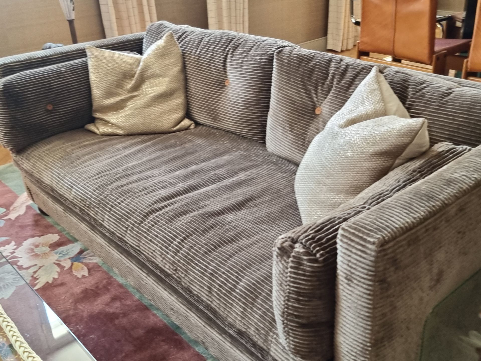 Custom made George Smith Tuxedo Sofa  upholstered in a COM corded brown upholstery 180 x 90 x