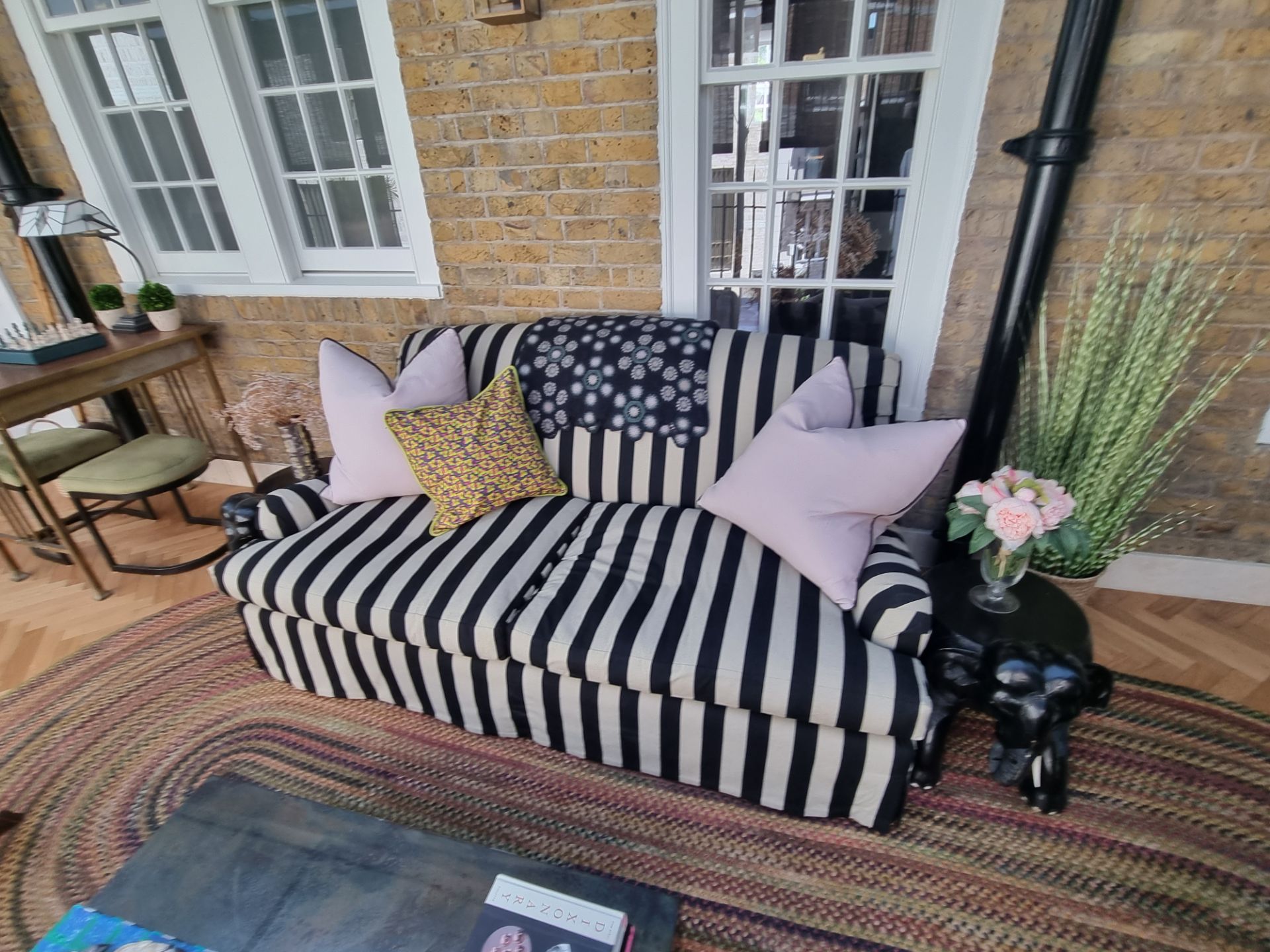 Signature Collection, Handmade Bespoke 3 seat Sofa with FR Slipcover in black and grey striped