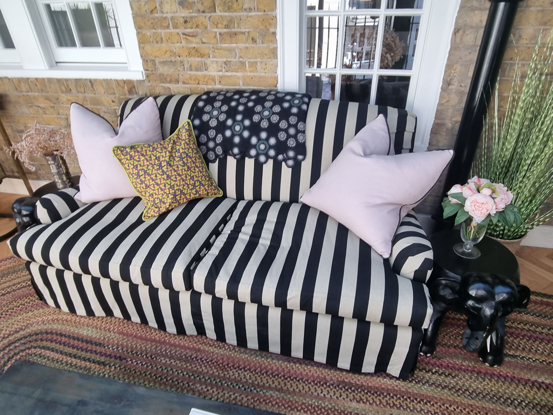 Signature Collection, Handmade Bespoke 3 seat Sofa with FR Slipcover in black and grey striped - Image 2 of 4