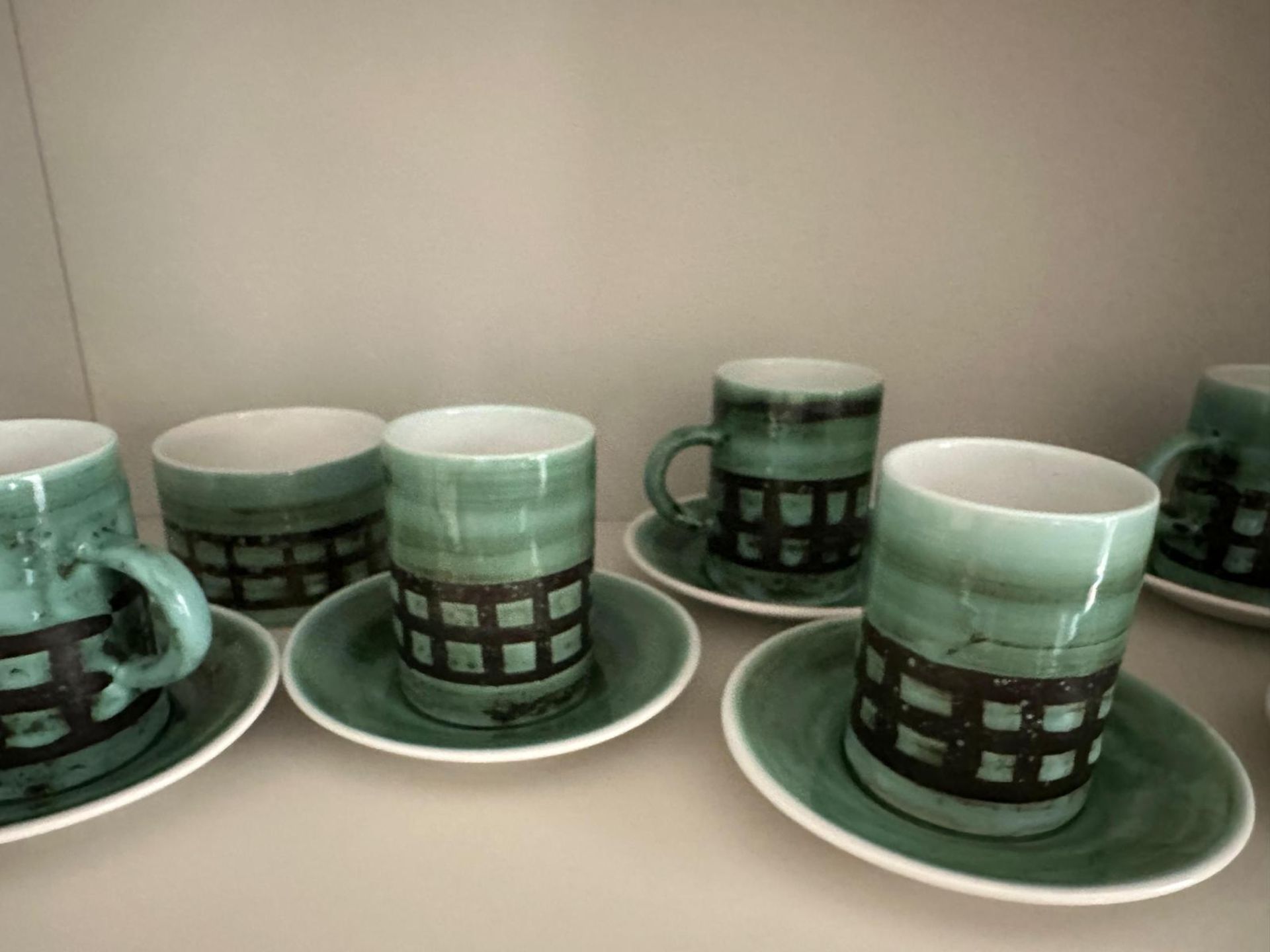 Vintage Cinque Ports Pottery (The Monastery) Rye  green coffee set comprising of 6 x cups and - Image 3 of 4