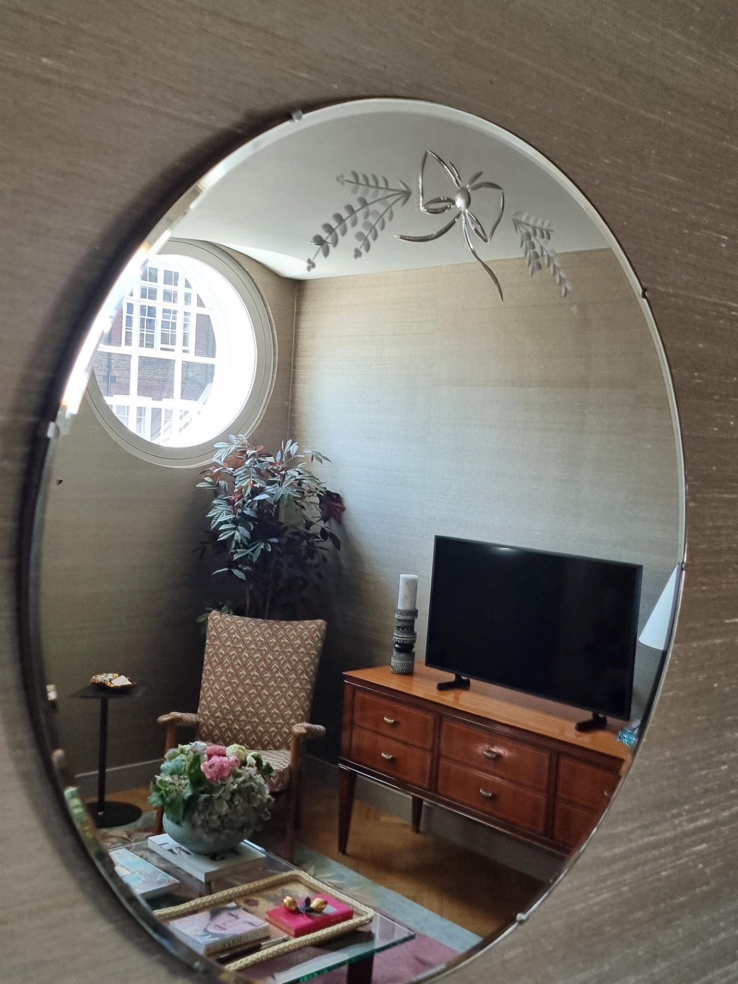 Extra Large Vintage Circular Mirror with etched floral motif  76cm(Apt 1) - Image 3 of 3