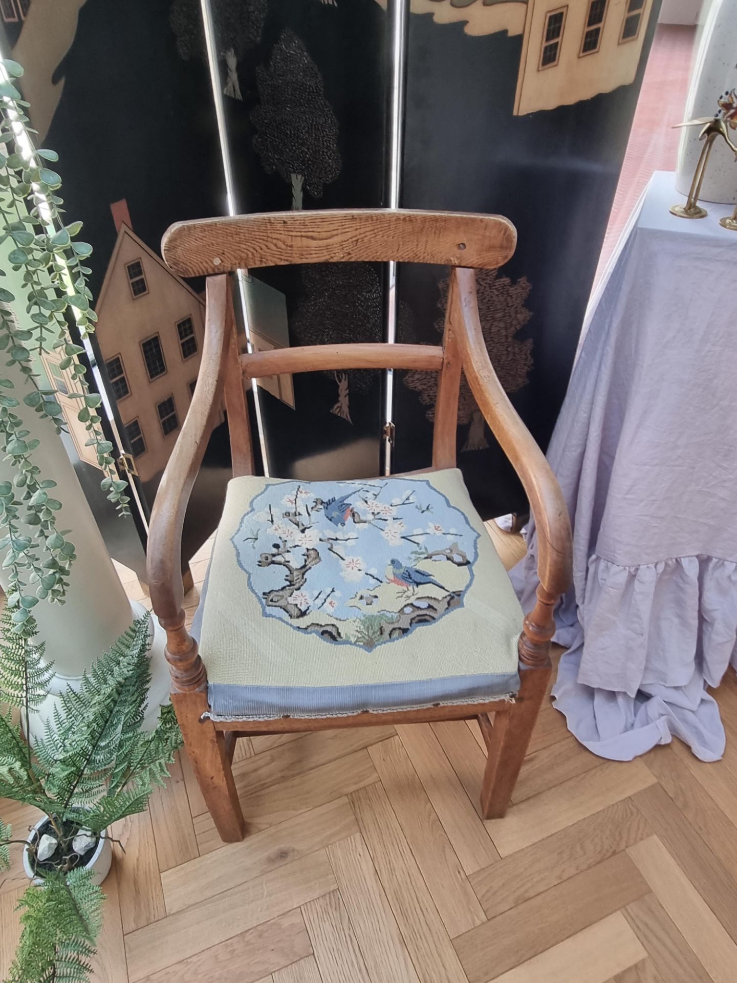 Danish teakwood arts and craft movement armchair with needlepoint seat pad cushion(Apt 1)