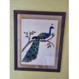 Two vintage framed Georgian Silk works depicting Peacocks (circa 1950s glazed and framed 32 x