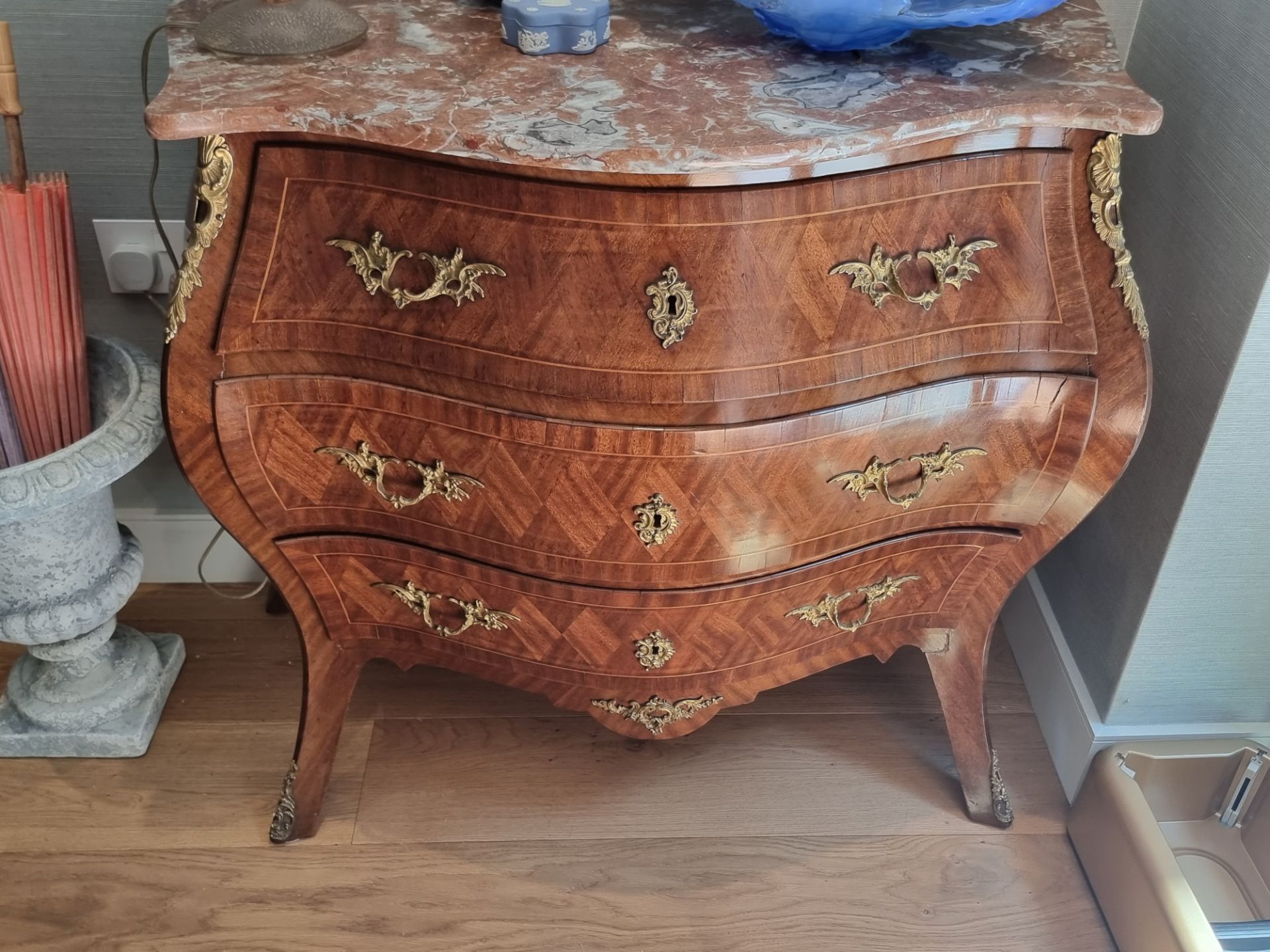 Antique French Louis XV Style Kingwood Bombe Commode Chest  the rouge marble top above 3 graduated - Image 2 of 5