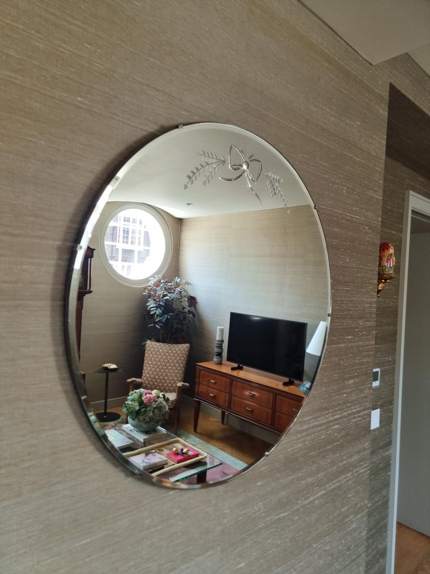 Extra Large Vintage Circular Mirror with etched floral motif  76cm(Apt 1)