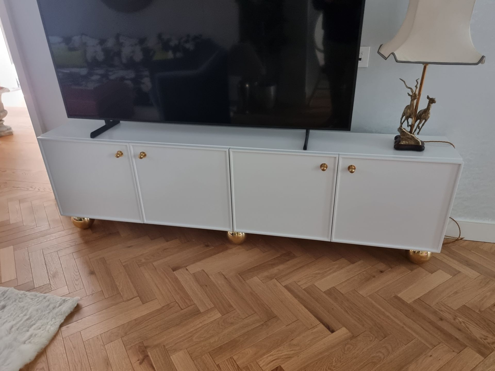 Bespoke Media Cabinet - Lacquer Finish, Solid Brass ball feet & solid brass pulls four doors - Image 2 of 2