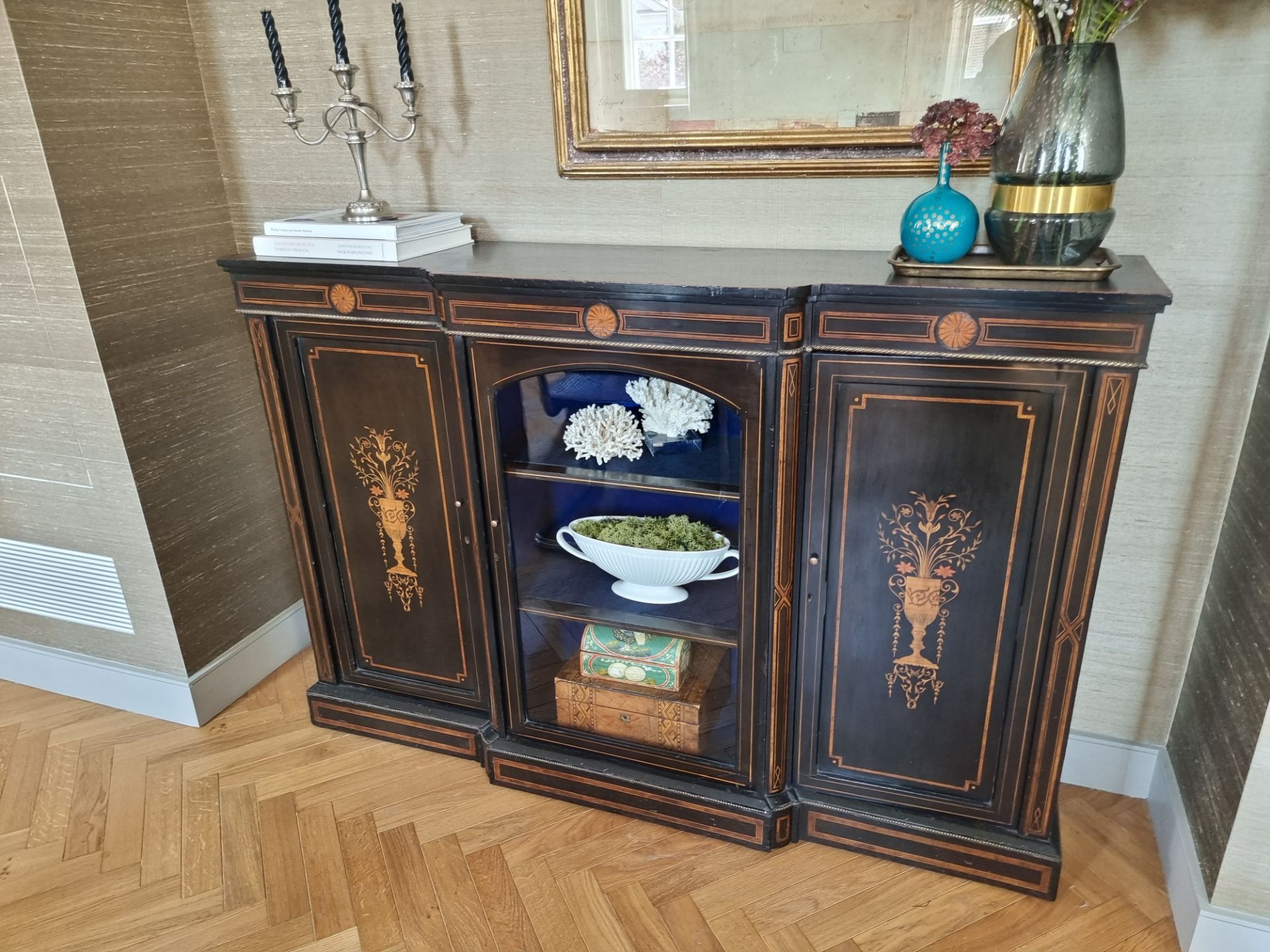 English C.19th Century credenza sideboard with ebonised finish and inlay, 152 cm wide, 46 cm deep,