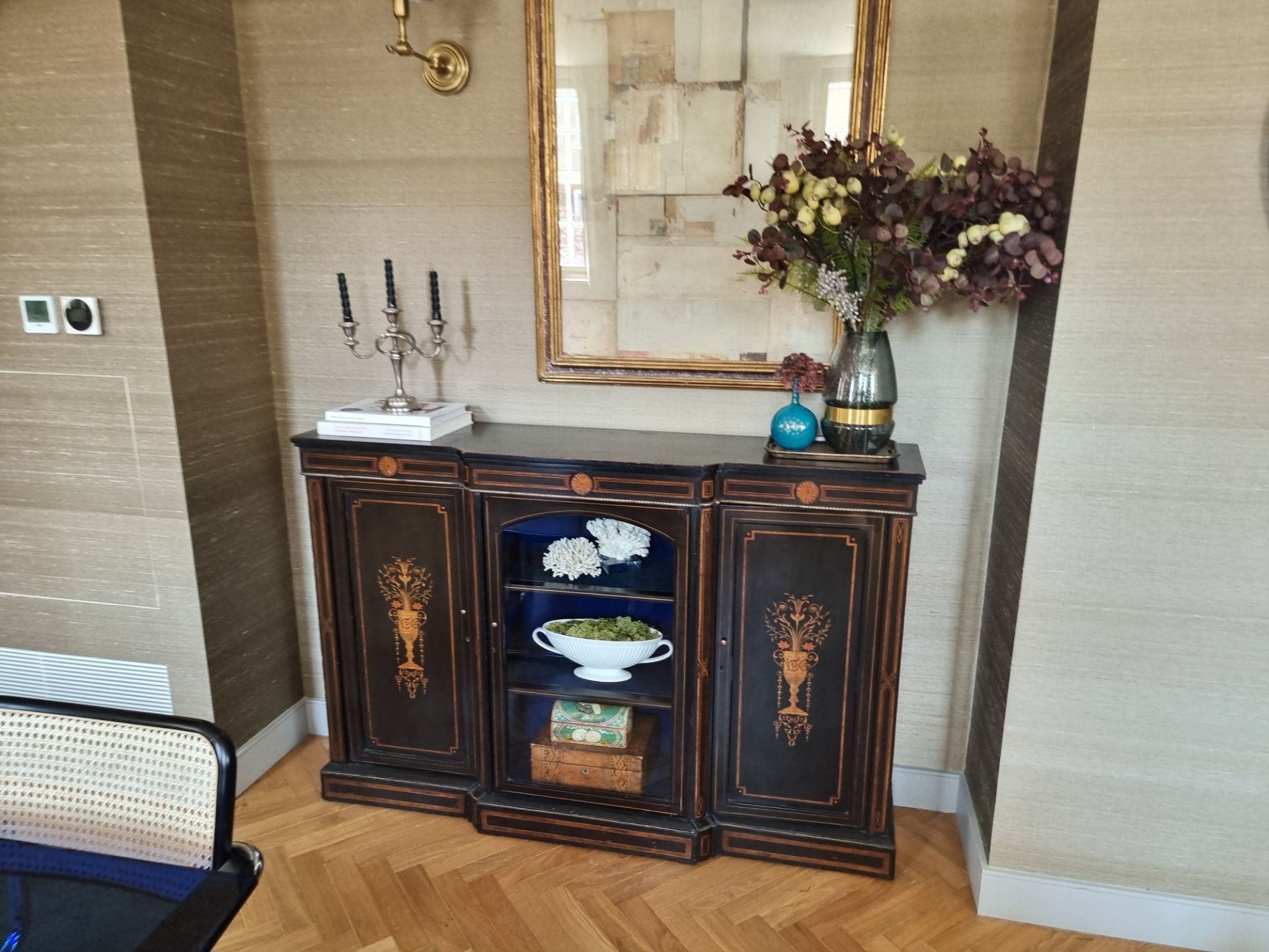 English C.19th Century credenza sideboard with ebonised finish and inlay, 152 cm wide, 46 cm deep, - Image 4 of 7