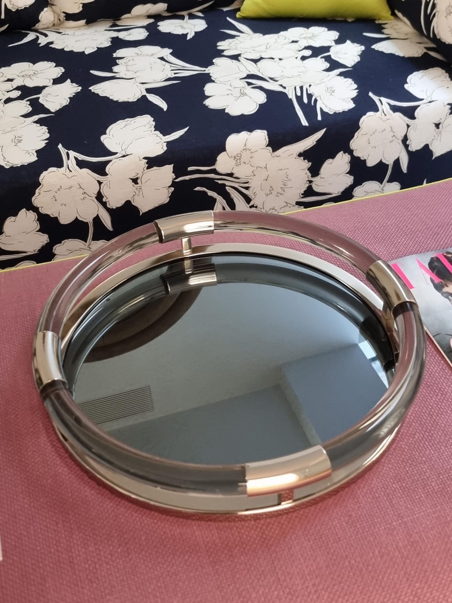 Jonathan Adler Jacques Round Tray - Nickel/Smoke Featuring a circular acrylic frame, metallic