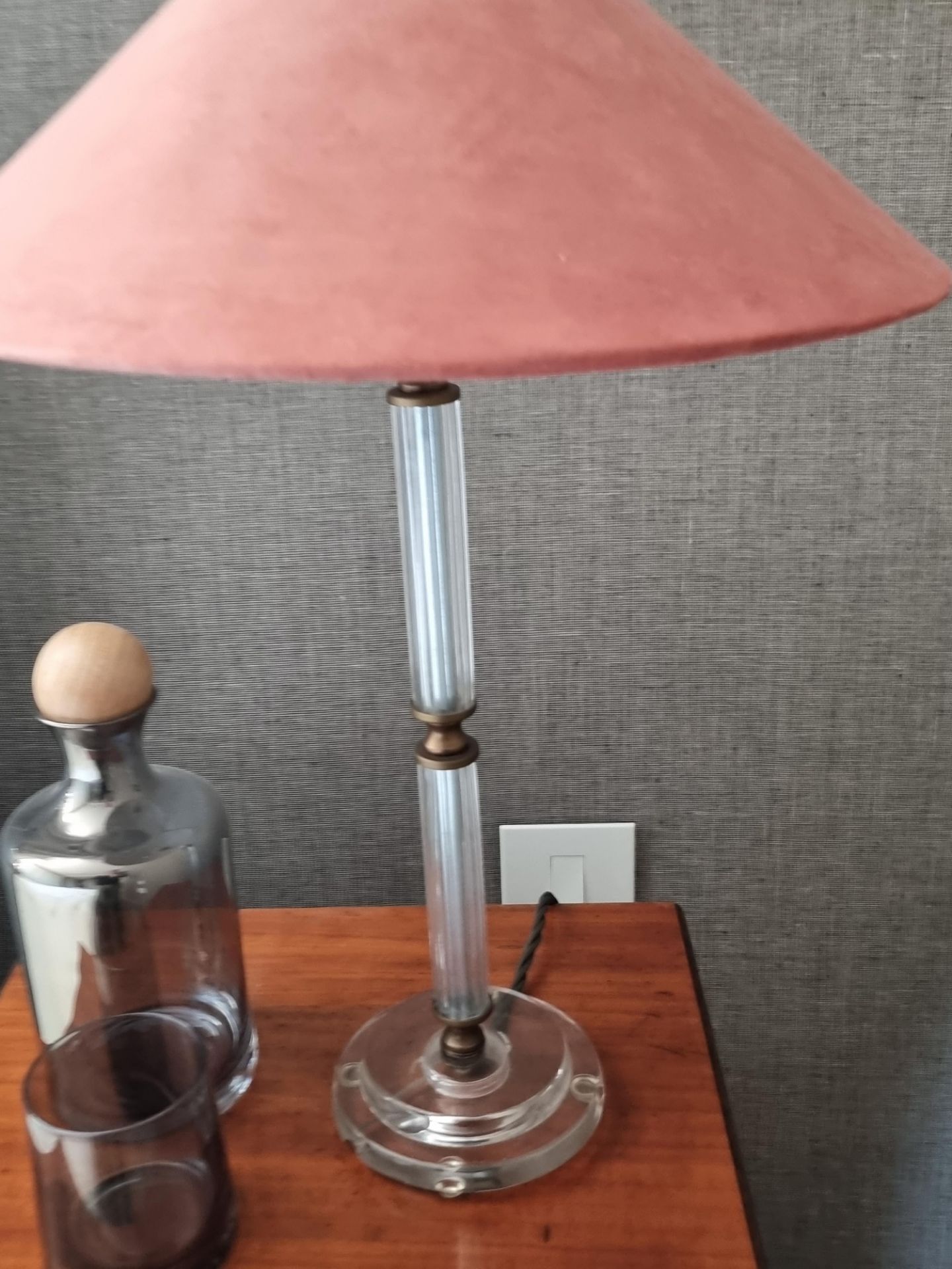 A pair of Acrylic Table lamps with pink suede shade  55cm tall (Apt 1)