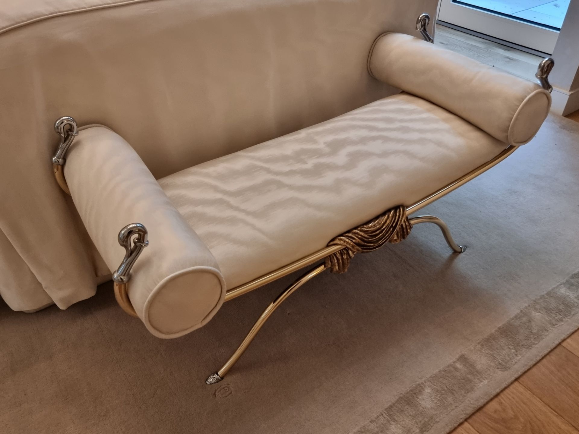 Vidal Grau French Empire Scroll Bench the elegant brass frame embellished with swan neck finials - Image 2 of 4