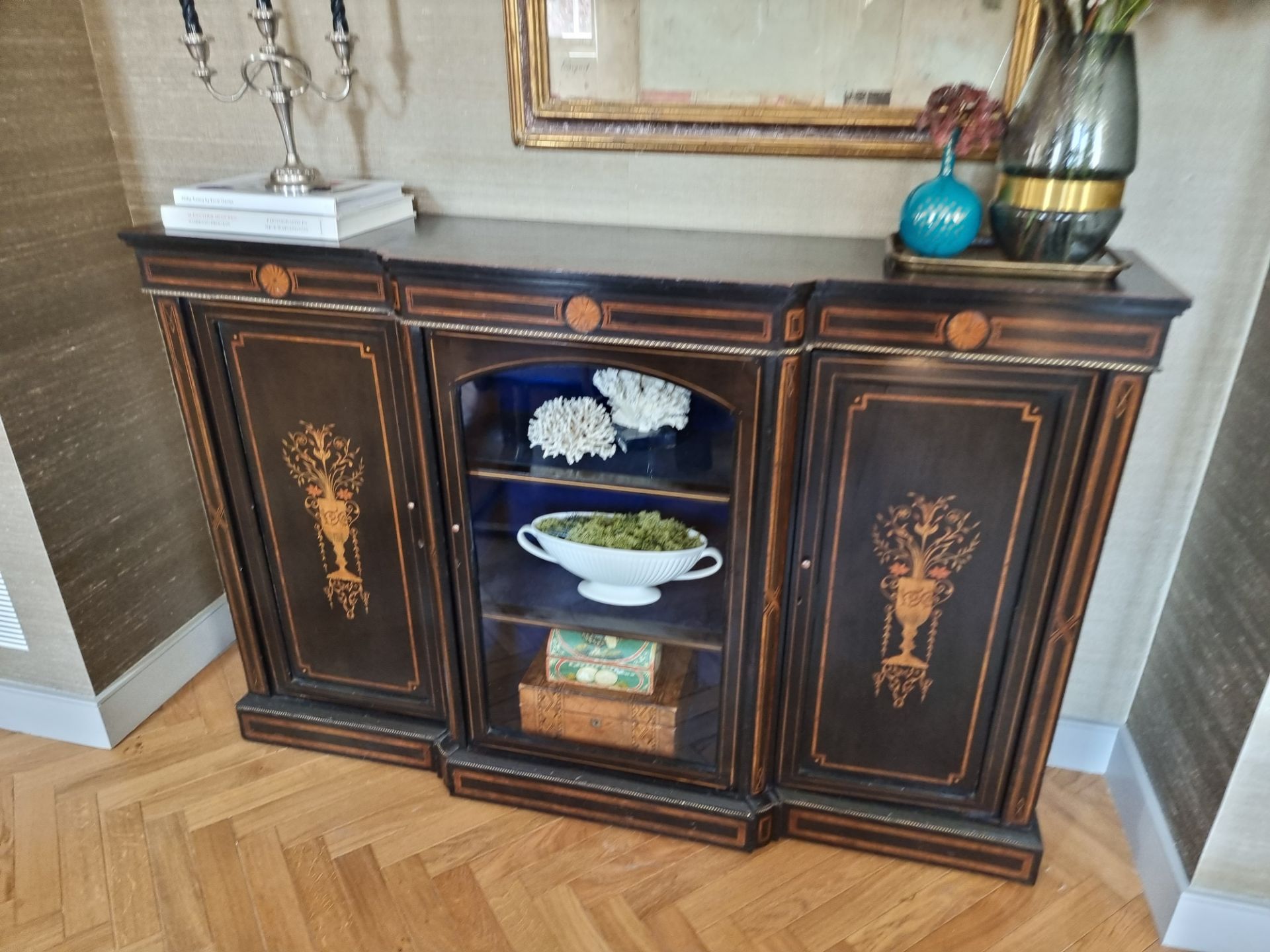 English C.19th Century credenza sideboard with ebonised finish and inlay, 152 cm wide, 46 cm deep, - Image 6 of 7