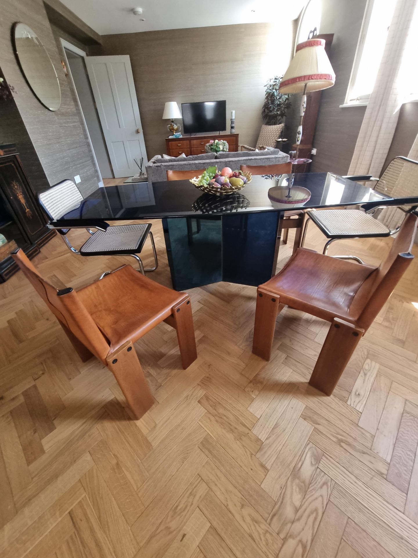 Set of 4 Mid Century Monk Chairs by Afra & Tobia Scarpa Leather and walnut frame Dimensions: Height: