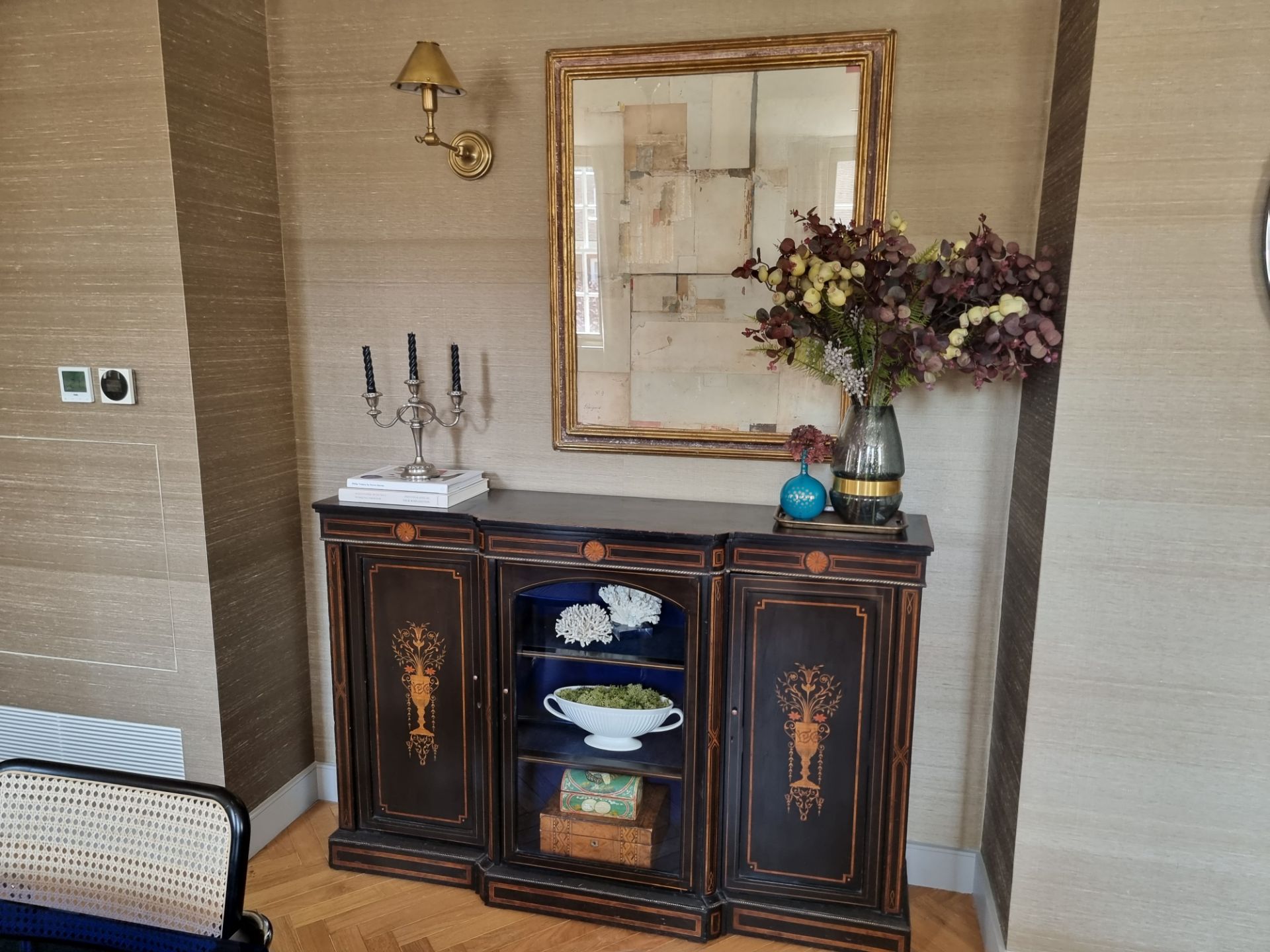 English C.19th Century credenza sideboard with ebonised finish and inlay, 152 cm wide, 46 cm deep, - Image 2 of 7