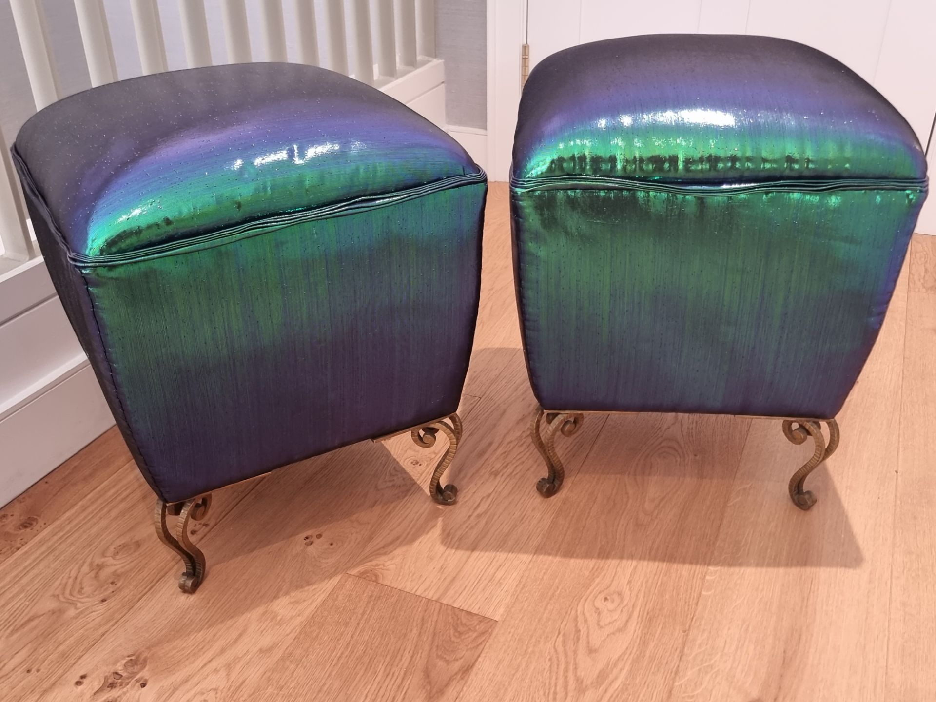 A pair of Italian stools by Pier Luigi Colli, re imagined by Studio Bucchi in iridescent fabric - Image 3 of 4