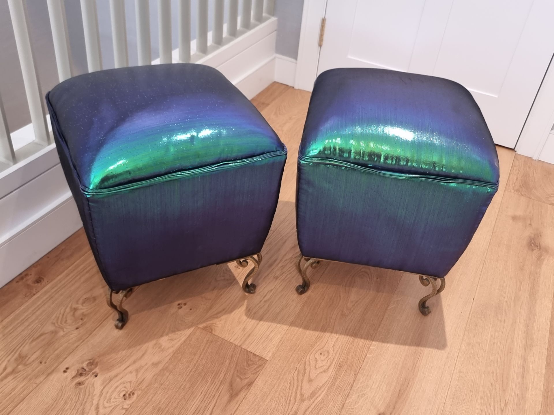 A pair of Italian stools by Pier Luigi Colli, re imagined by Studio Bucchi in iridescent fabric - Image 2 of 4