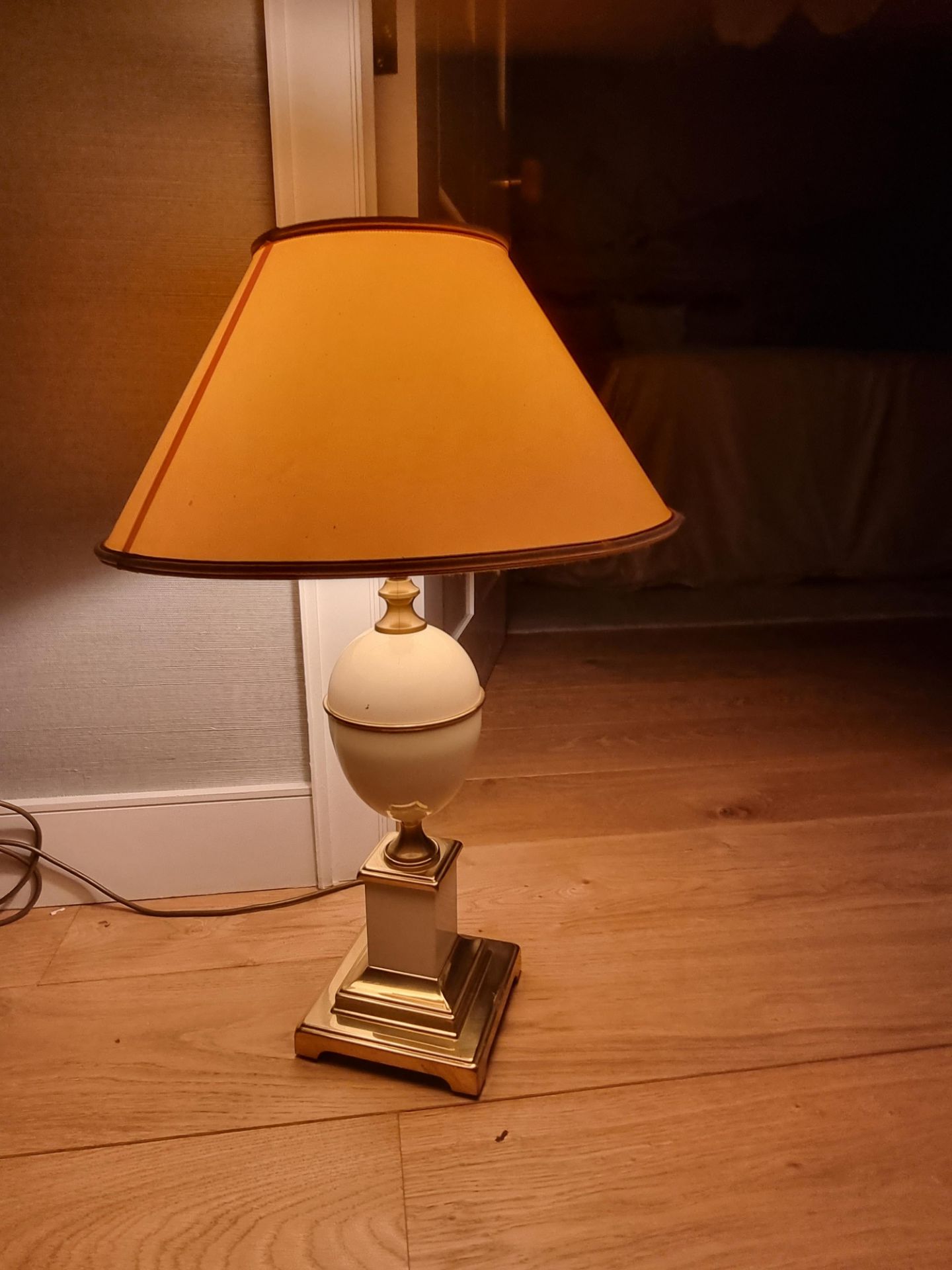 Hollywood Regency Style Egg Enamelled & Brass Table Lamp with shade  An elegant trophyesque table