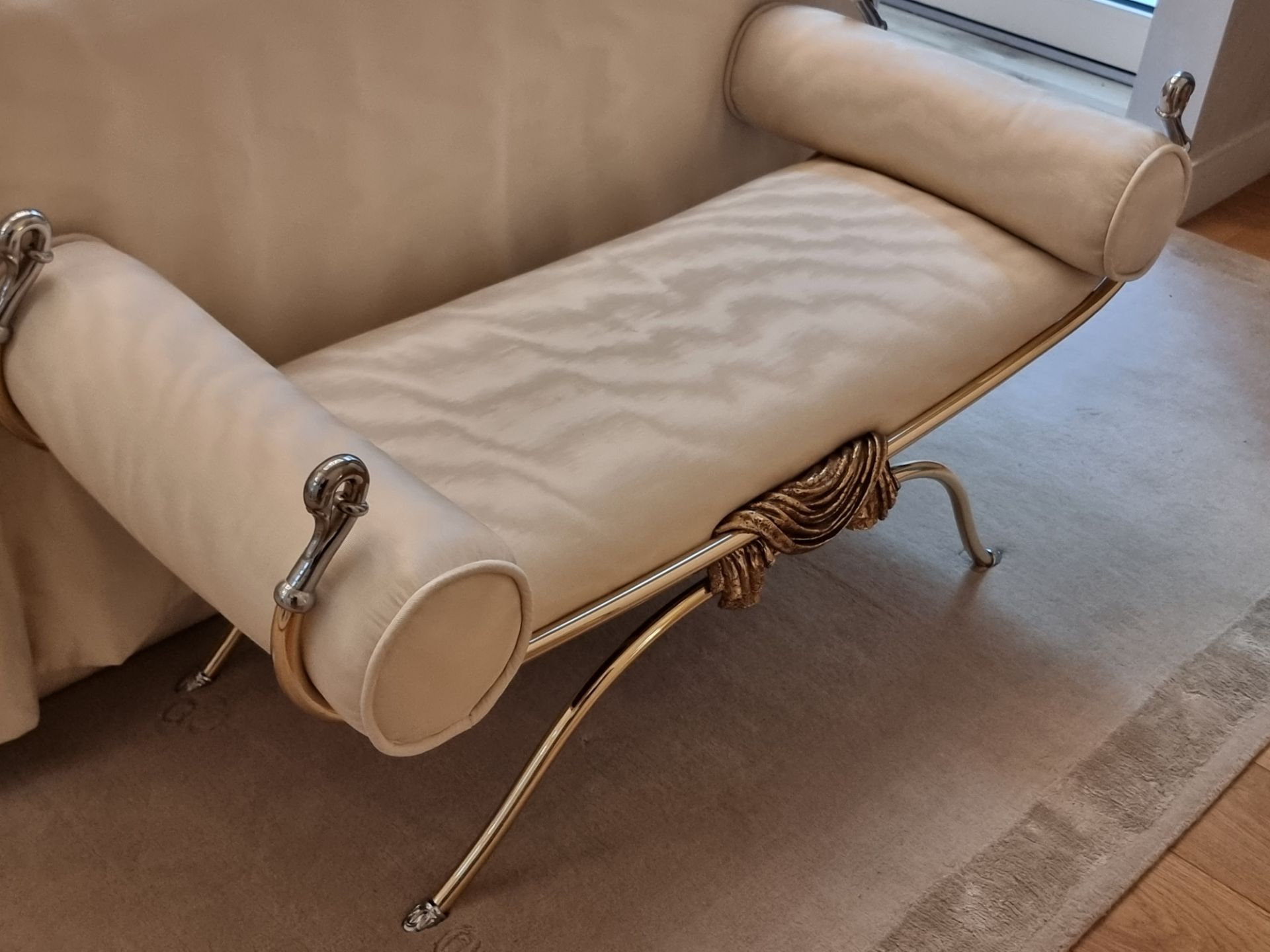 Vidal Grau French Empire Scroll Bench the elegant brass frame embellished with swan neck finials