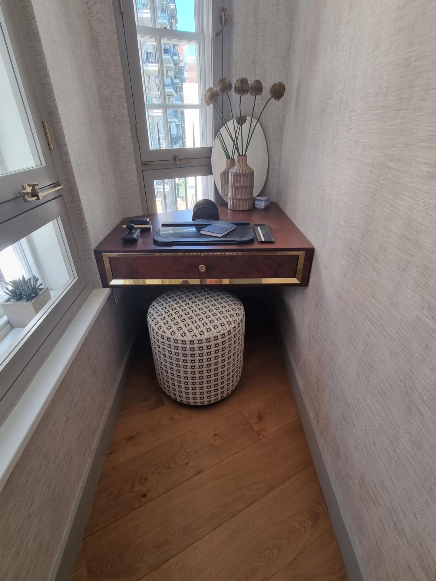 A walnut bespoke designed burled desk with brass trim and single drawer shaped to fit 90 x 18 x 84cm