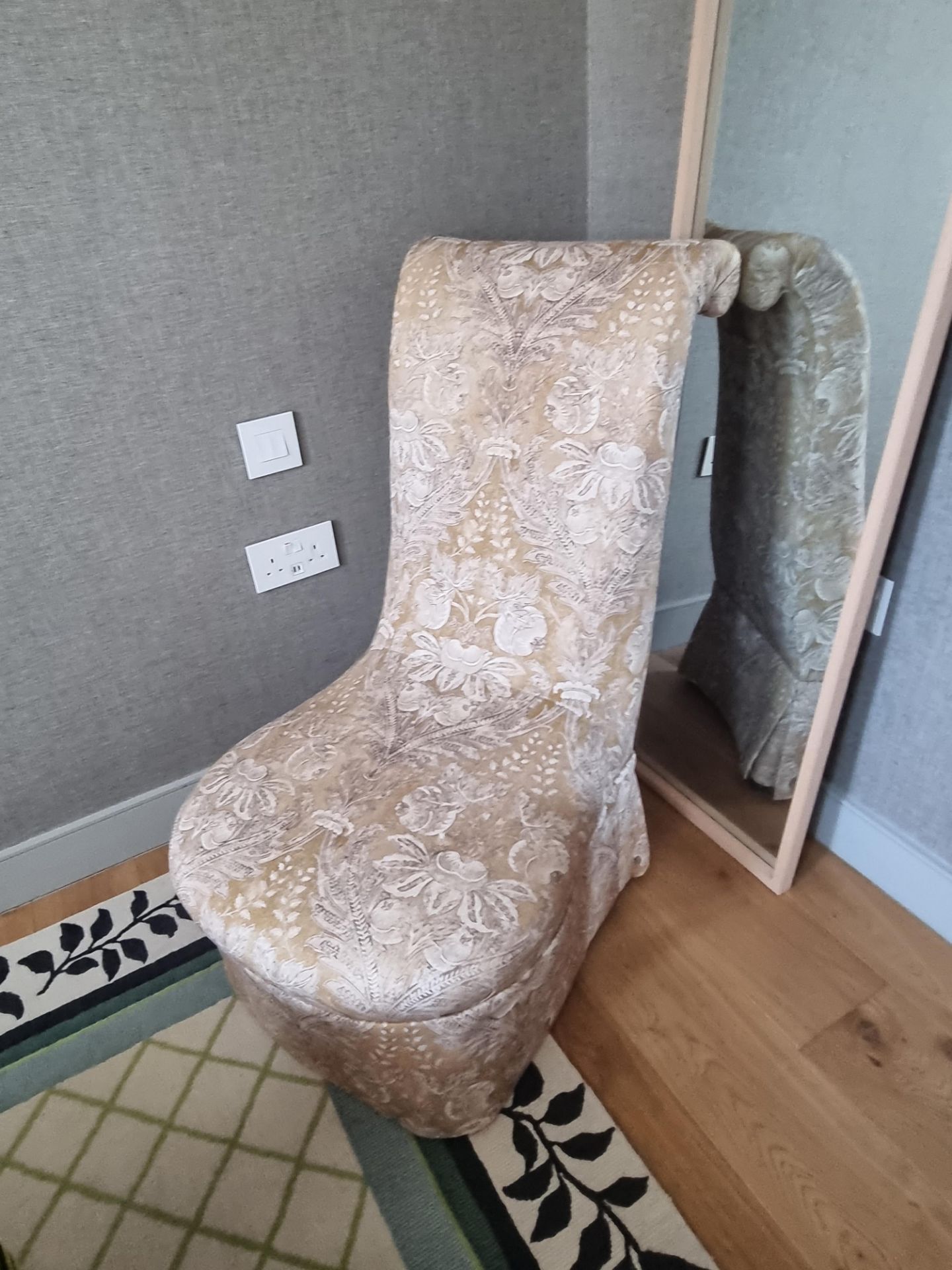 A Victorian Slipper Chair Reupurposed with a Seven Upholstery Damask Slipcover Bedroom Chair   (