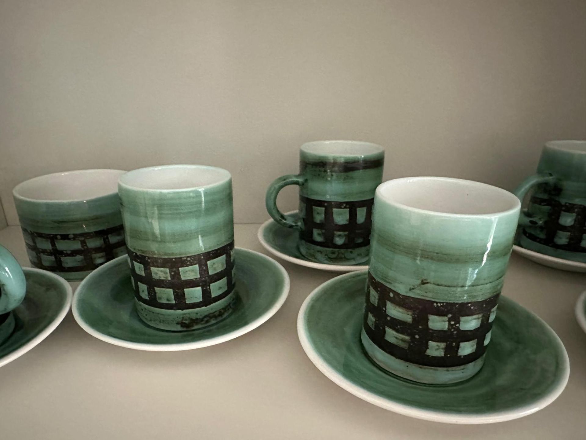 Vintage Cinque Ports Pottery (The Monastery) Rye  green coffee set comprising of 6 x cups and - Image 2 of 4