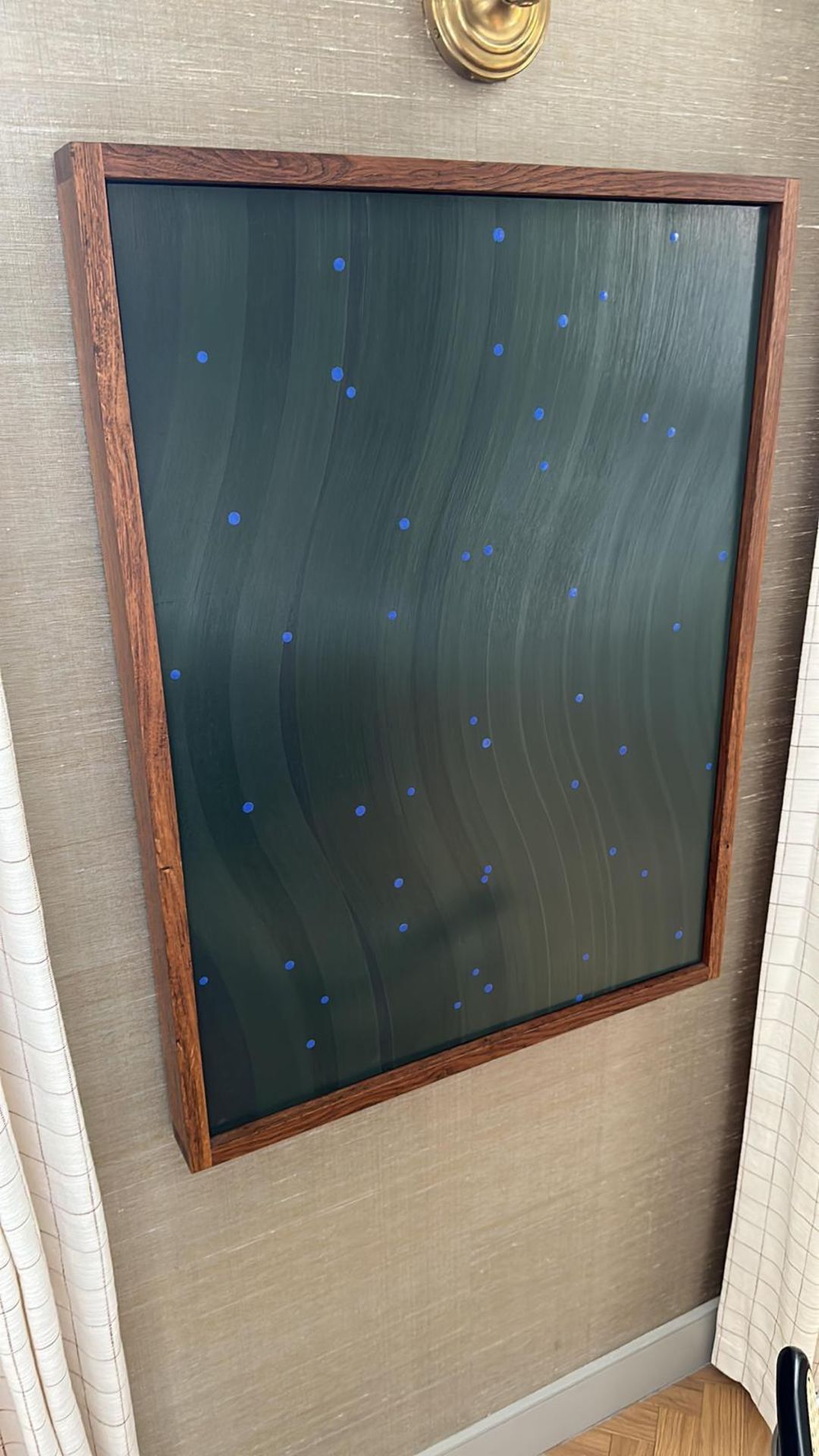 Mid Century Wall Art, Abstract piece on metal panel dark black blue with dots 71 x 93cm framed ( - Image 3 of 5