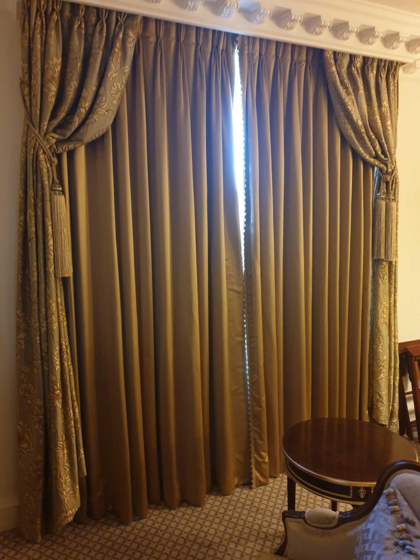 A Pair Of Silk Drapes And Jabots Gold With Intricate Piping And Crystal Bead Trim 240 x 280cm (