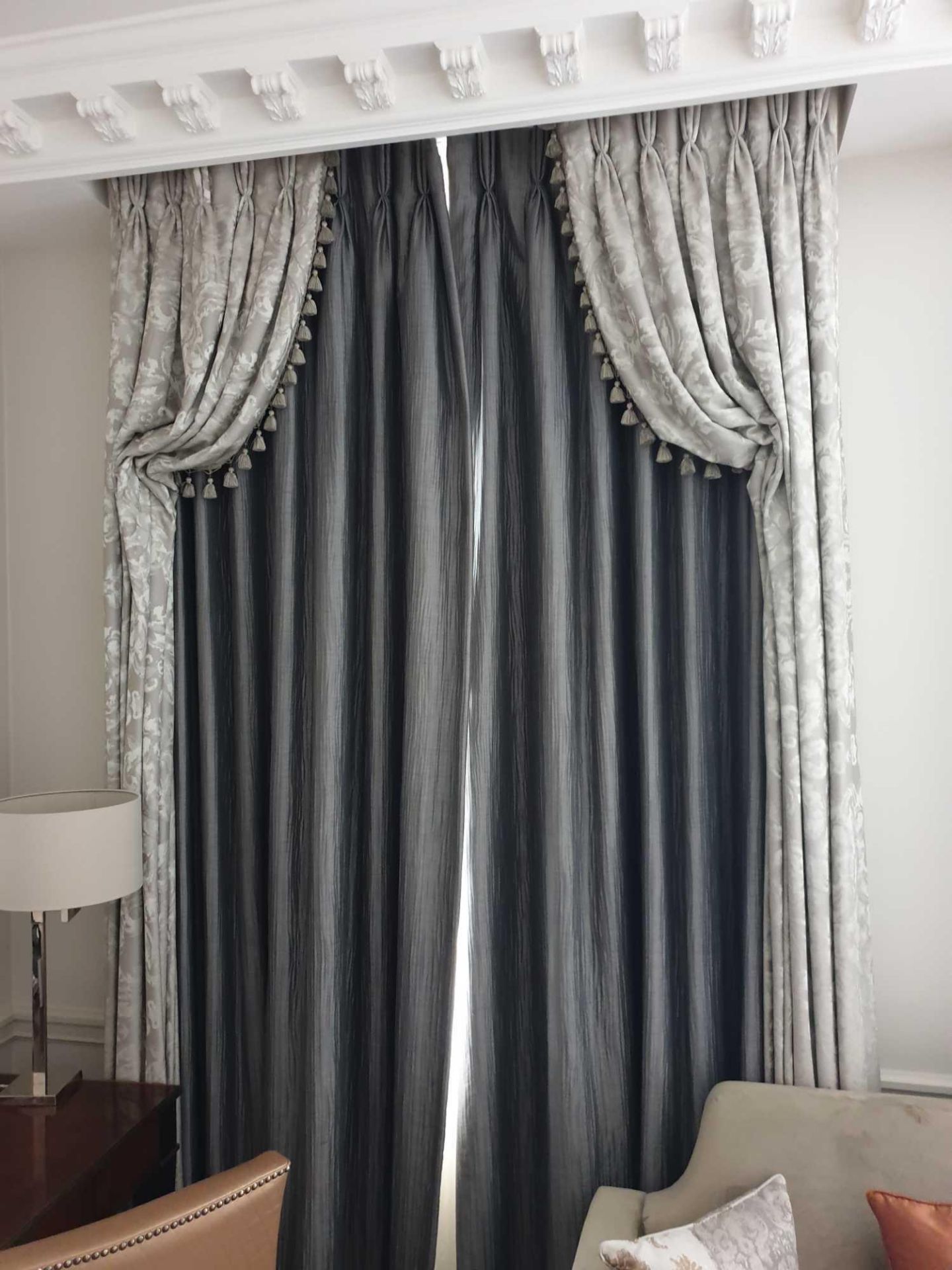 A Pair Of Silk Drapes And Jabots Fully Lined Curtains In Dark Textured Grey 250 x 255cm (Room